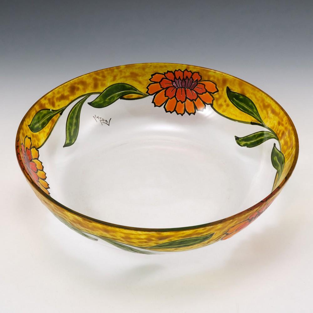 Large Legras Enamelled Bowl, c1925

Additional information:
Date : c1925
Origin : St Denis, paris
Bowl Features :  Acid mottled band with bright enamels above clear glass. This pseudo cameo work was intended to resemble stained glass. It