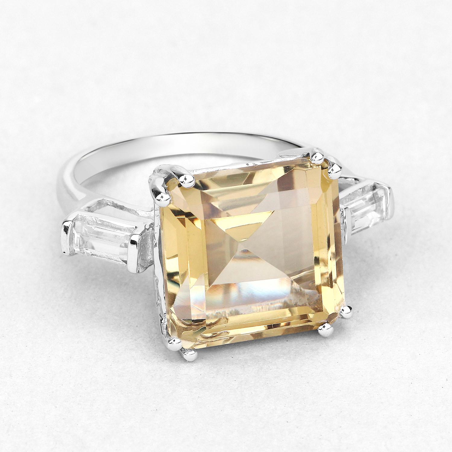 Asscher Cut Large Lemon Quartz Ring White Topaz 11 Carats For Sale