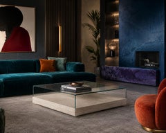 Large Lenar Roman Travertine and Glass Coffee Table Meddel Architectural Design