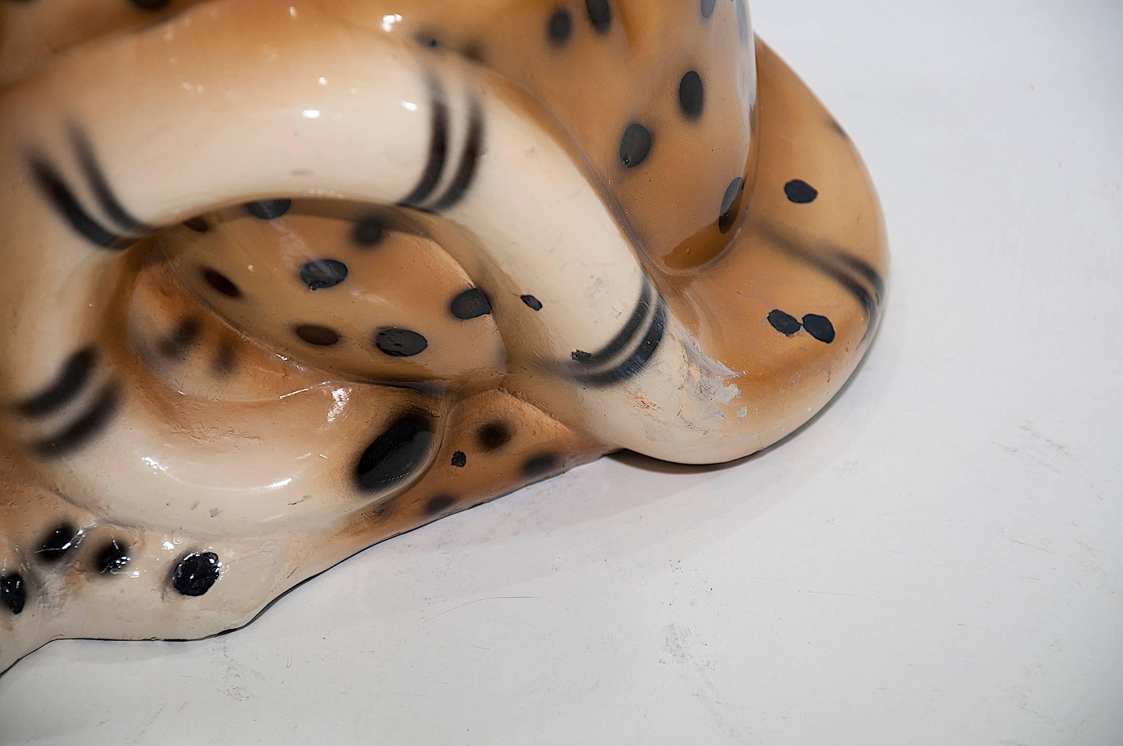Rococo Revival Large Leopard Italian Ceramic Sculpture from the 1950s with Hand-Painted Details