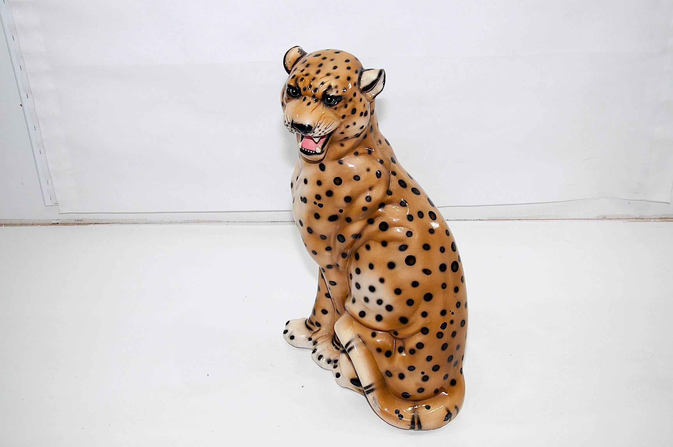 Mid-20th Century Large Leopard Italian Ceramic Sculpture from the 1950s with Hand-Painted Details
