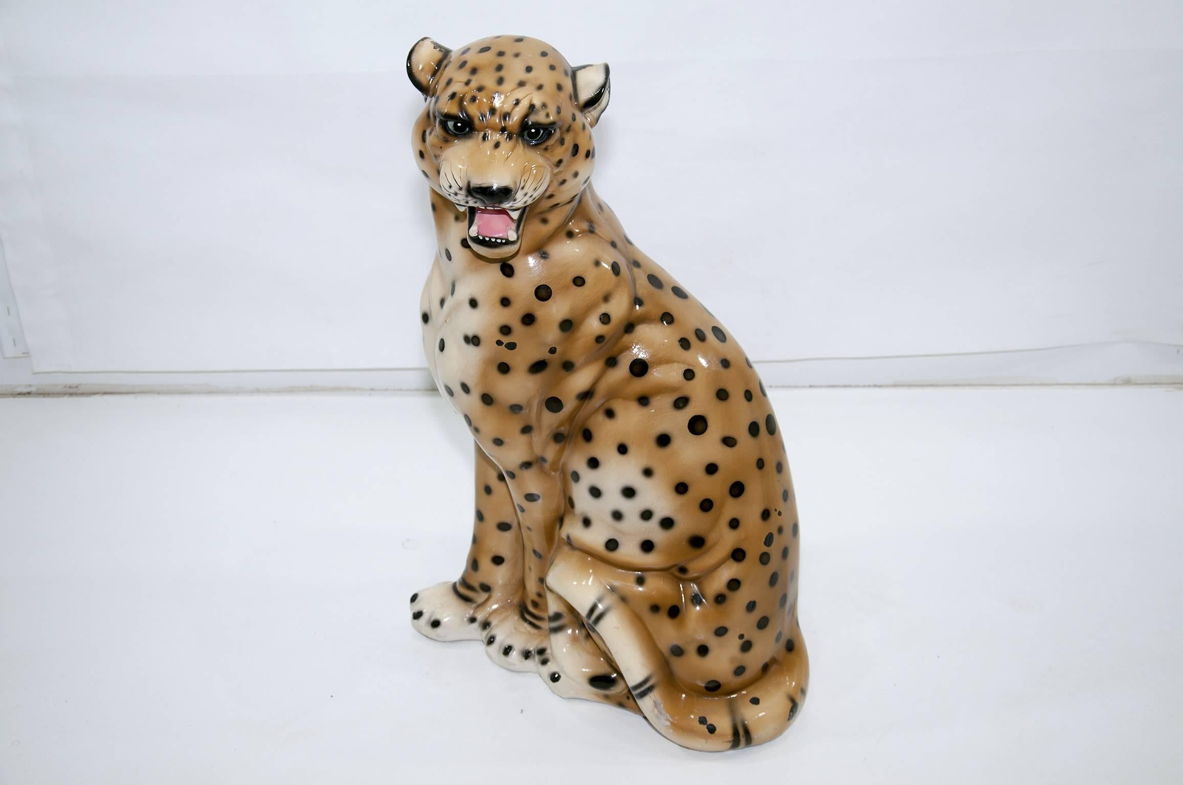Large Leopard Italian Ceramic Sculpture from the 1950s with Hand-Painted Details 1