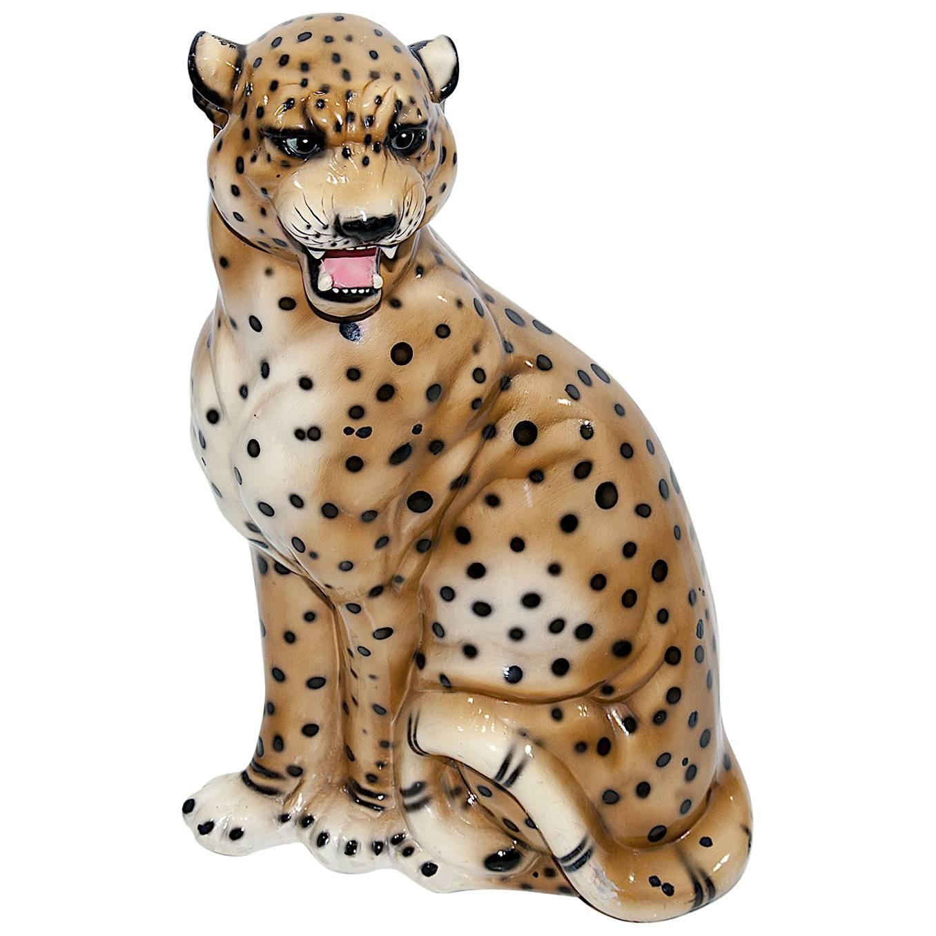 Large Leopard Italian Ceramic Sculpture from the 1950s with Hand-Painted Details