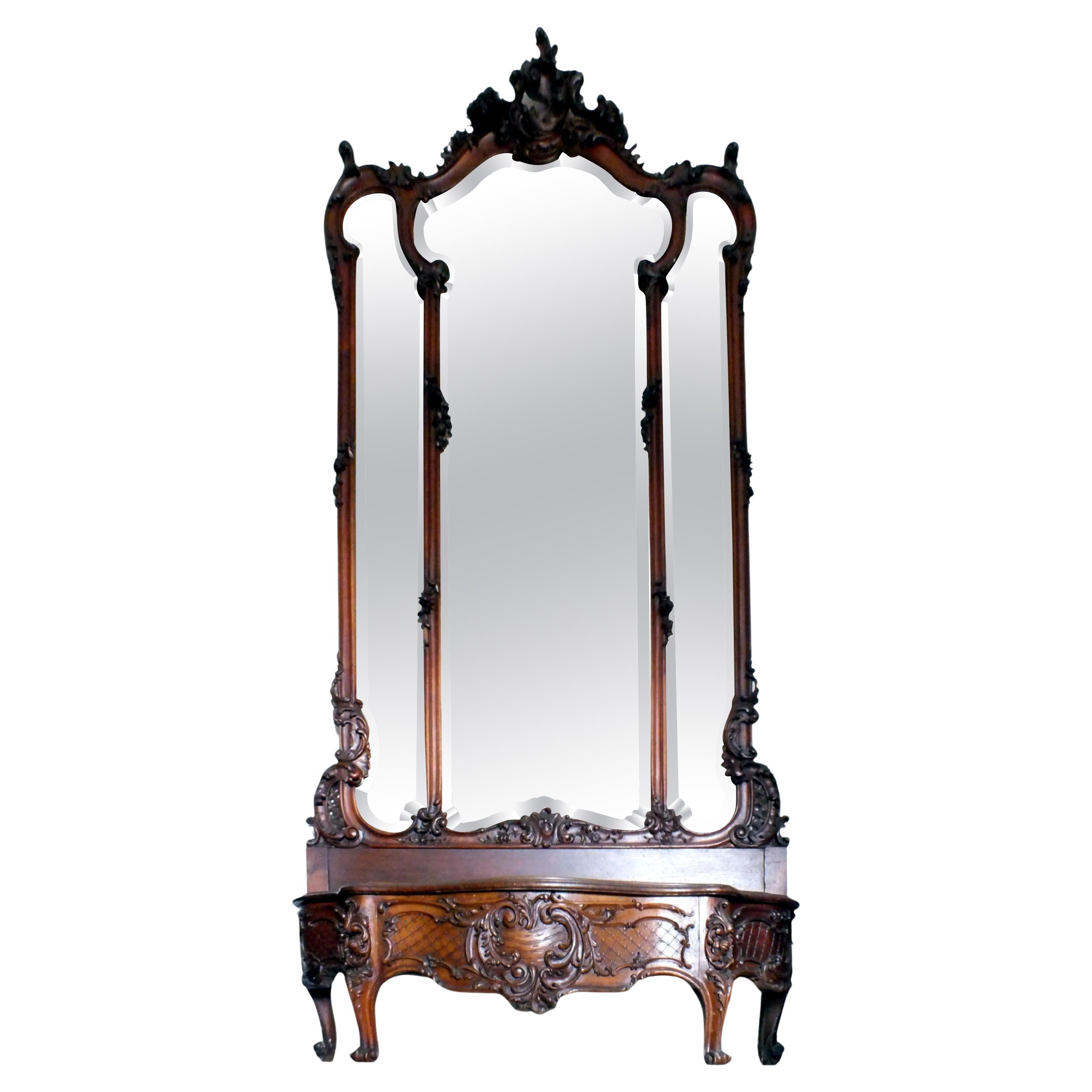 Grand miroir biseauté mural Art Noveau avec jardinière bois noyer années '900 en vente