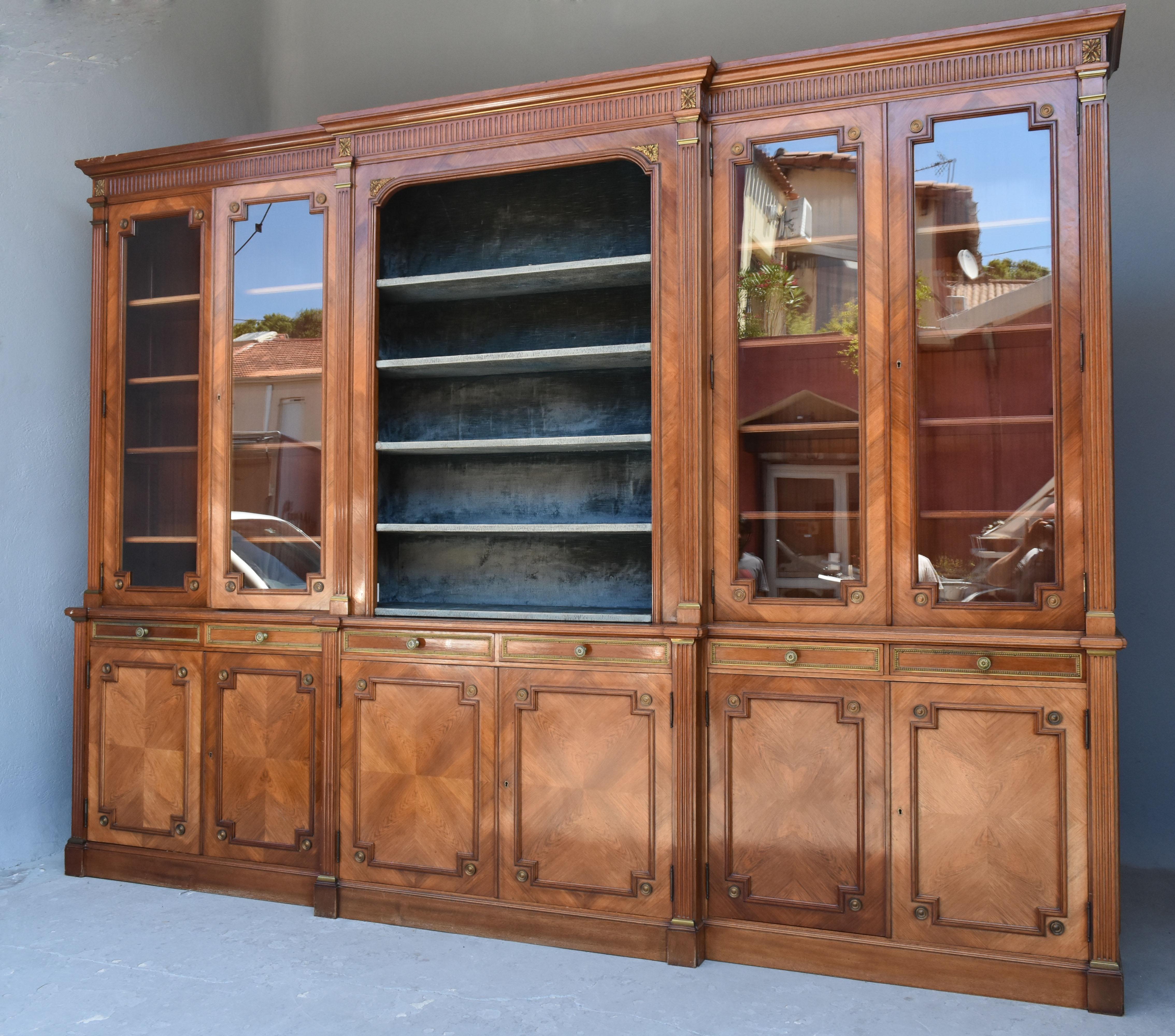 Large library bookcase of Louis XVI style mahogany and bronze, circa 1900.