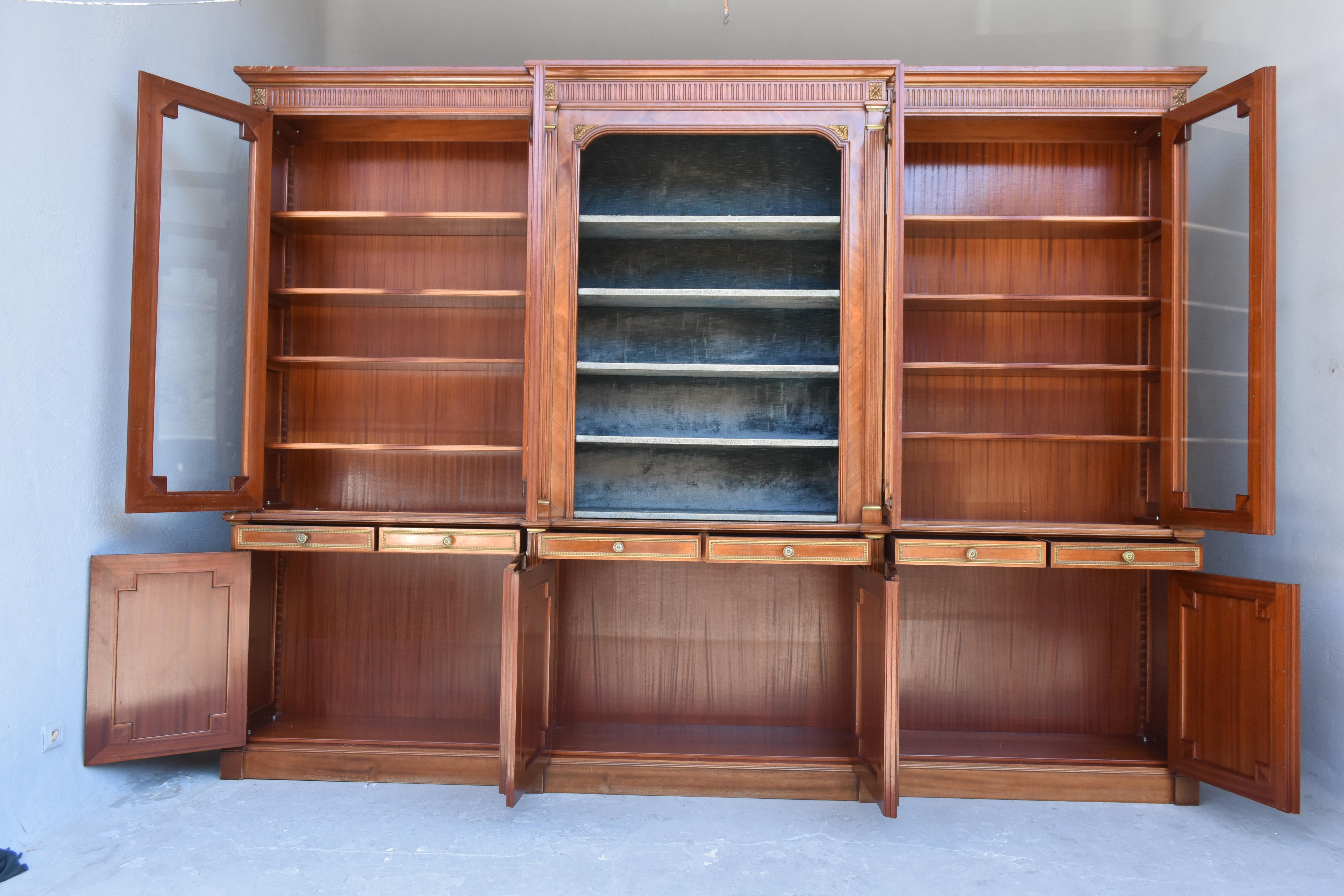 French Large Library Bookcase of Louis XVI Style Mahogany and Bronze, circa 1900