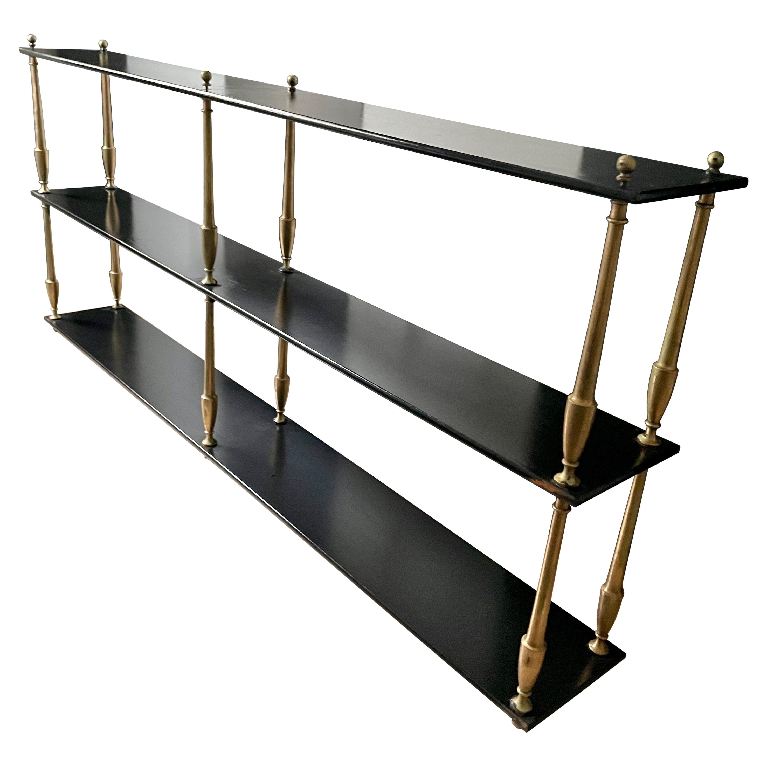 Large Library Bookcase or Black Lacquer Three Shelves Display, France 1950