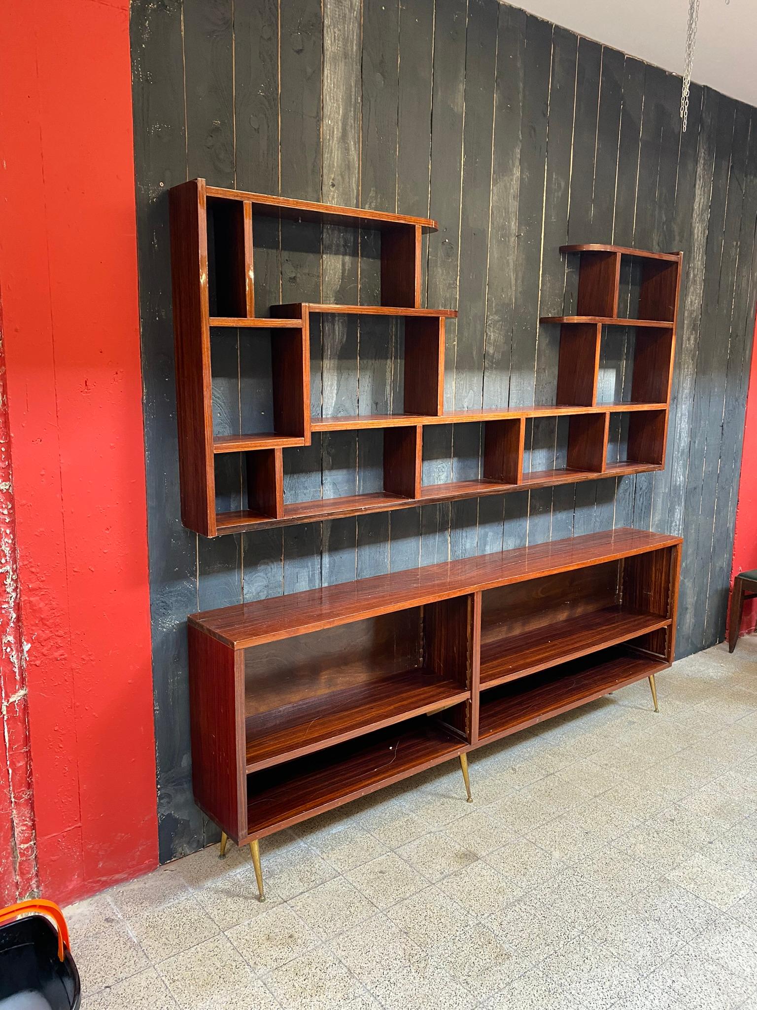 Mid-Century Modern Large Library in Walnut Veneer and Brass circa 1960 For Sale