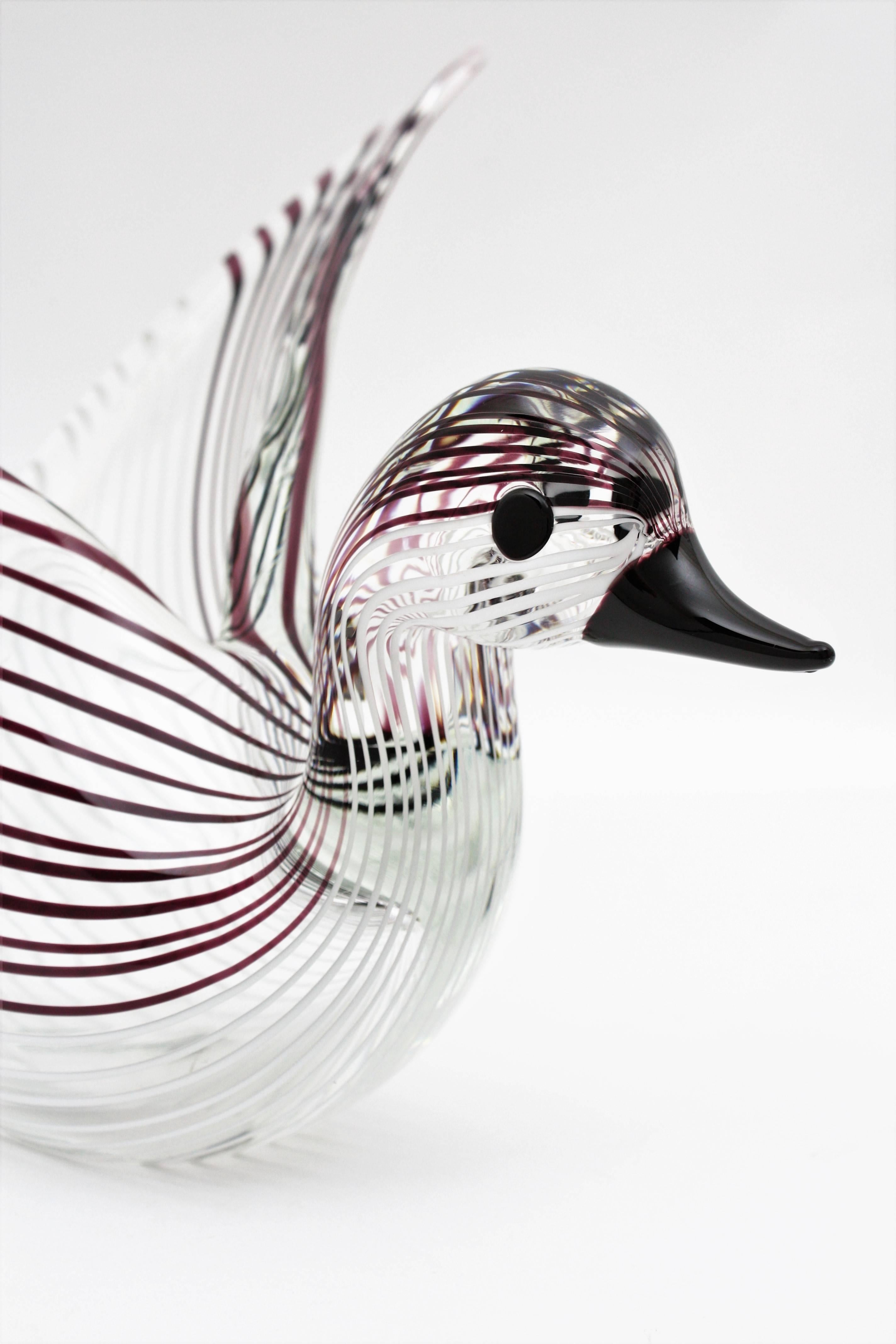 Mid-Century Modern Large Licio Zanetti Striped Murano Glass Open Wings Duck Sculpture or Vase