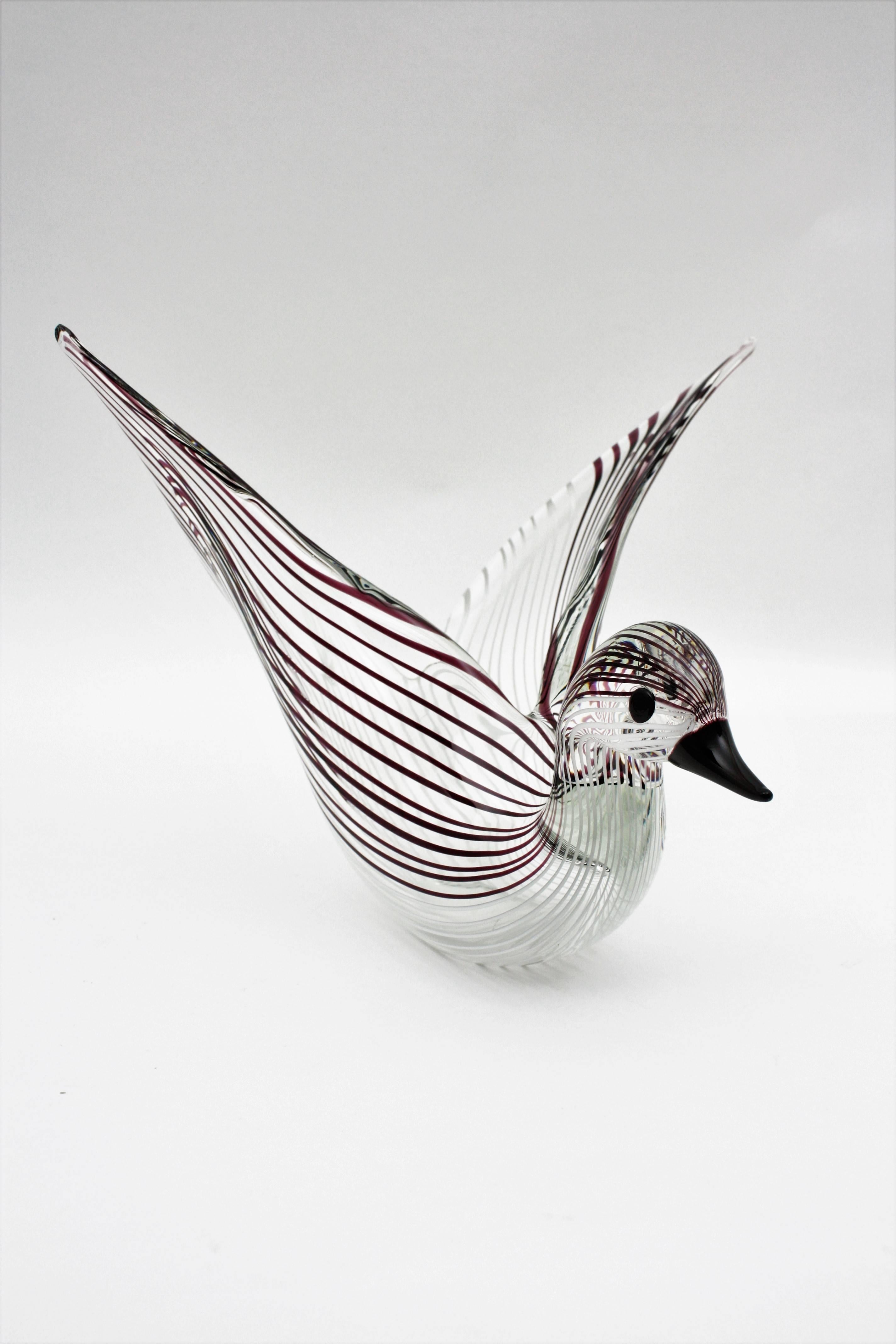 Italian Large Licio Zanetti Striped Murano Glass Open Wings Duck Sculpture or Vase