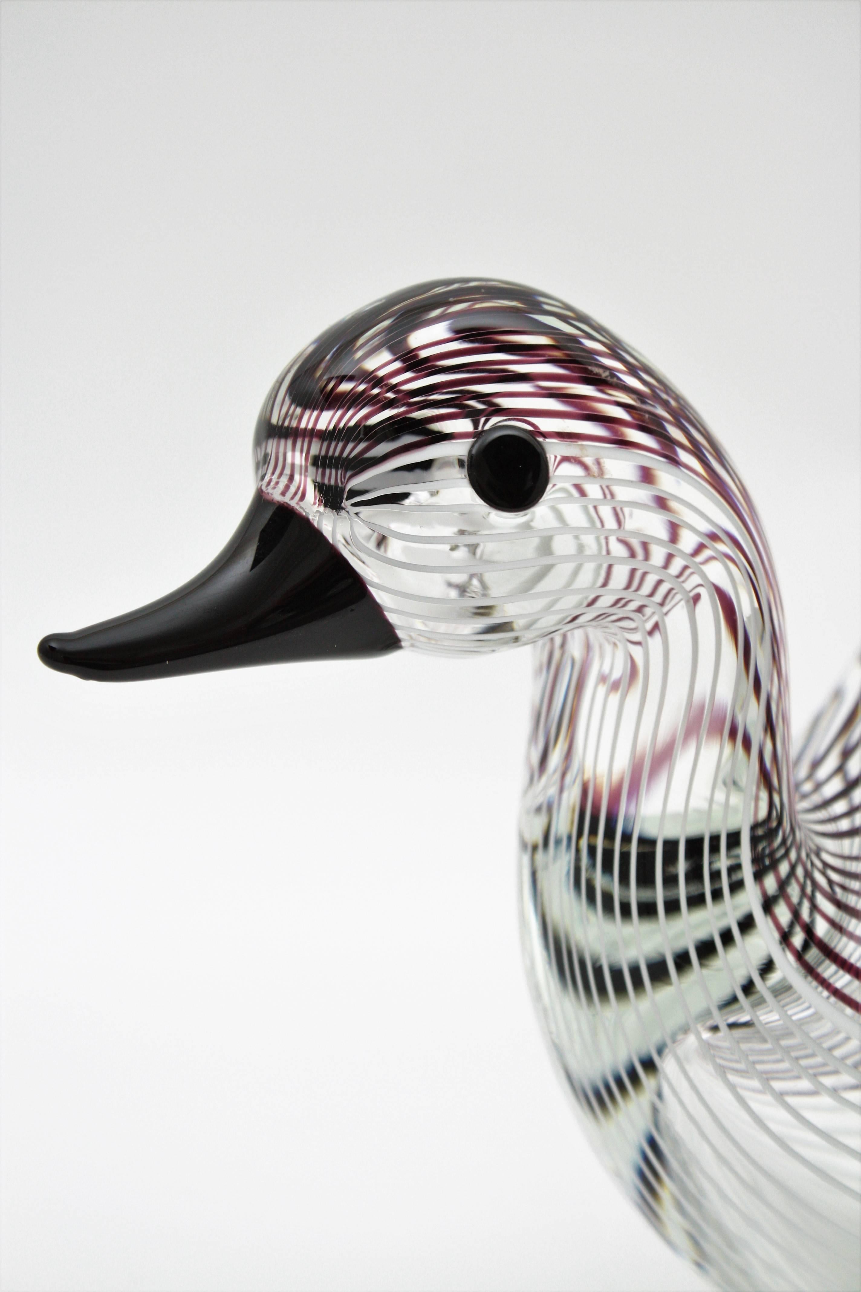 Large Licio Zanetti Striped Murano Glass Open Wings Duck Sculpture or Vase In Excellent Condition In Barcelona, ES