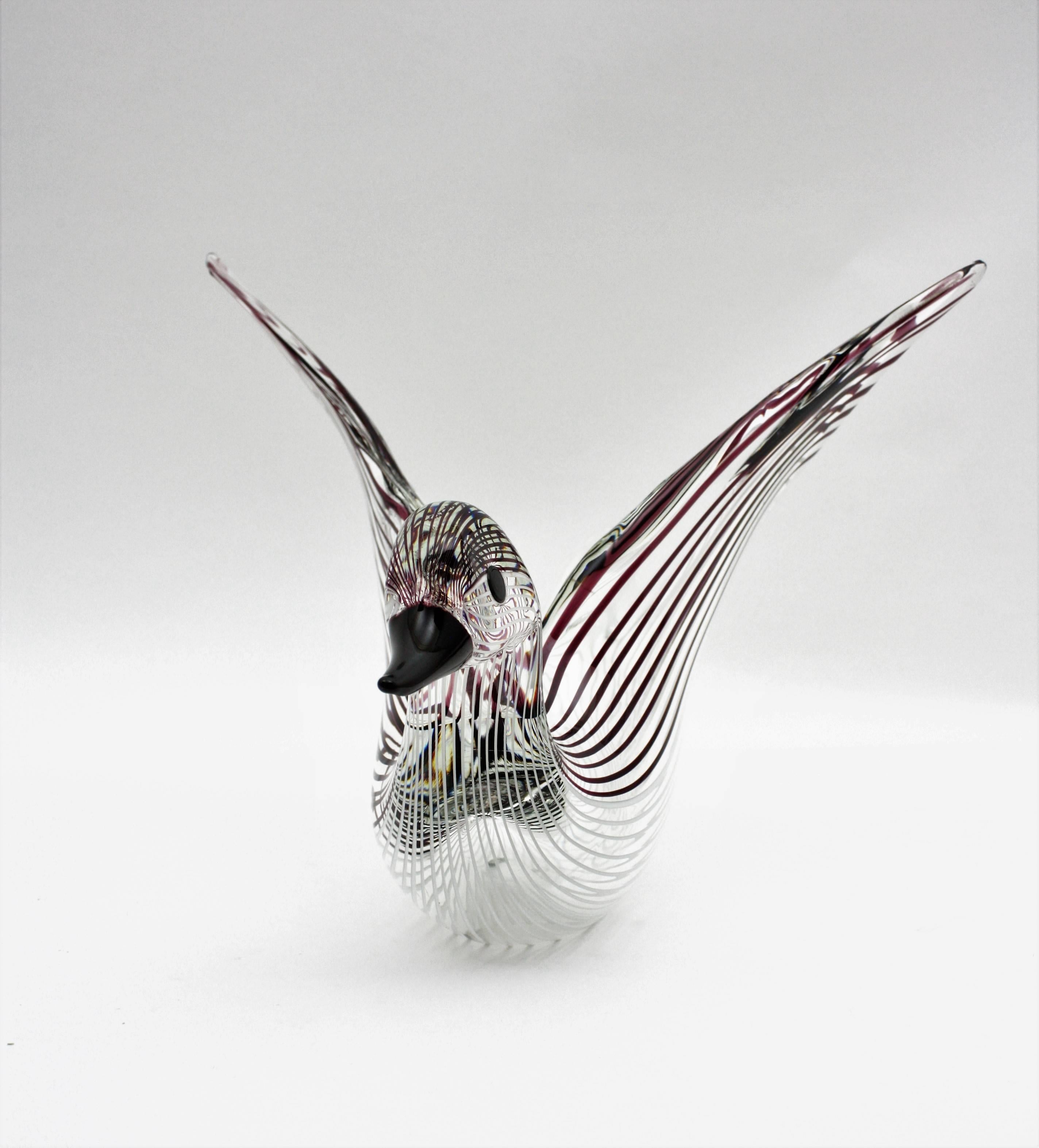 20th Century Large Licio Zanetti Striped Murano Glass Open Wings Duck Sculpture or Vase