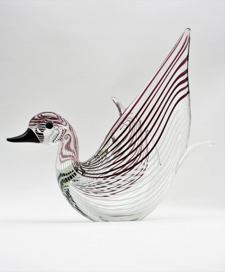 Large Licio Zanetti Striped Murano Glass Open Wings Duck Sculpture