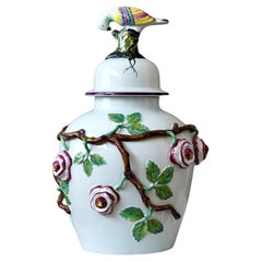 Large Lidded Faience Urn with Flowers and a Bird by Rorstrand, Sweden, 1910s.