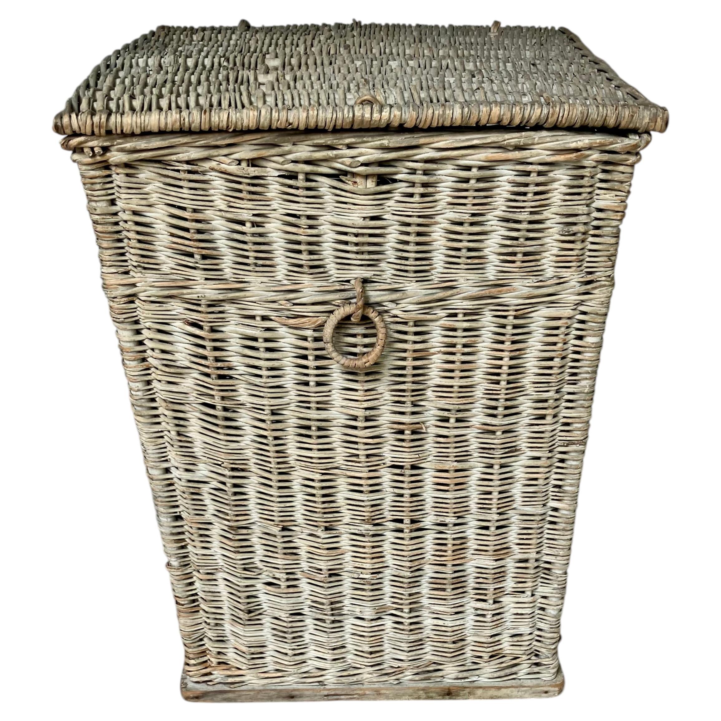 Vintage Woven Wicker Basket Hamper, Mid-Century Modern For Sale