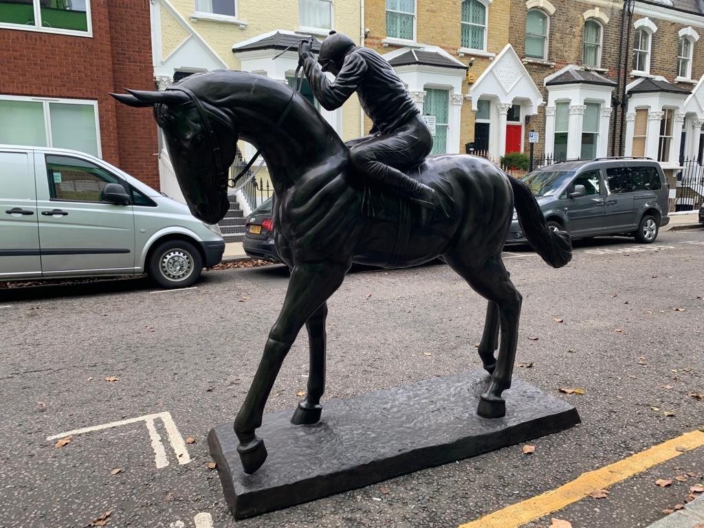 Large Life-Size Bronze Horse and Jockey Statue, 20th Century For Sale 10