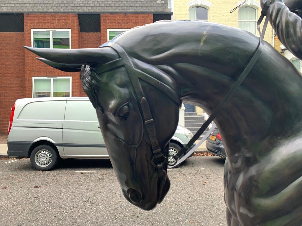 Large Life-Size Bronze Horse and Jockey Statue, 20th Century For Sale 11