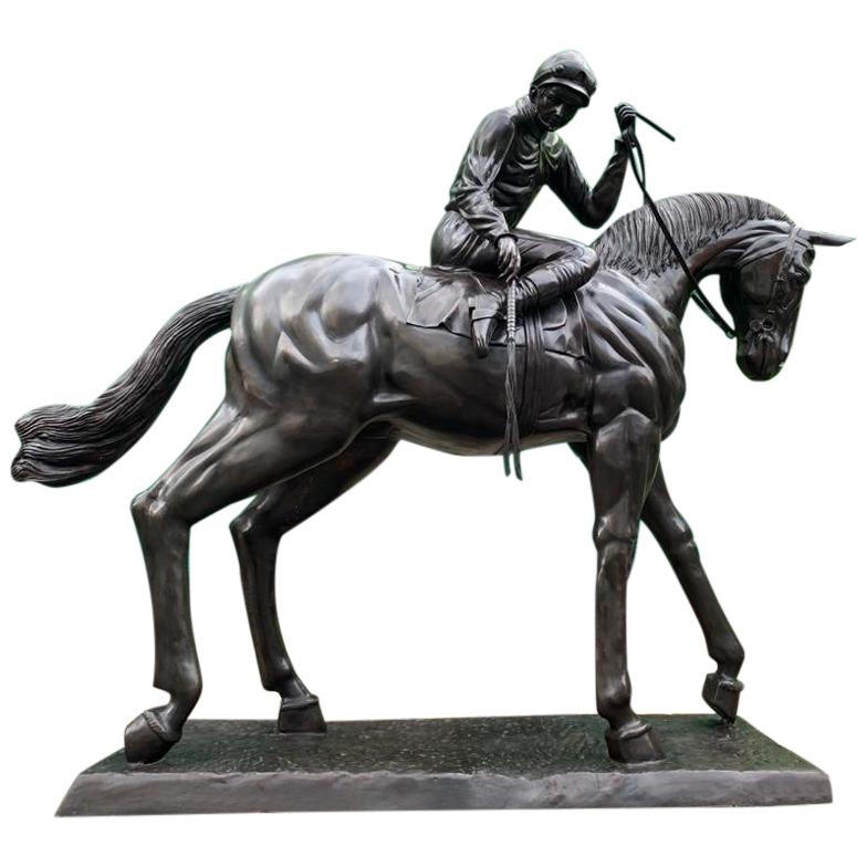 Large Life-Size Bronze Horse and Jockey Statue, 20th Century For Sale