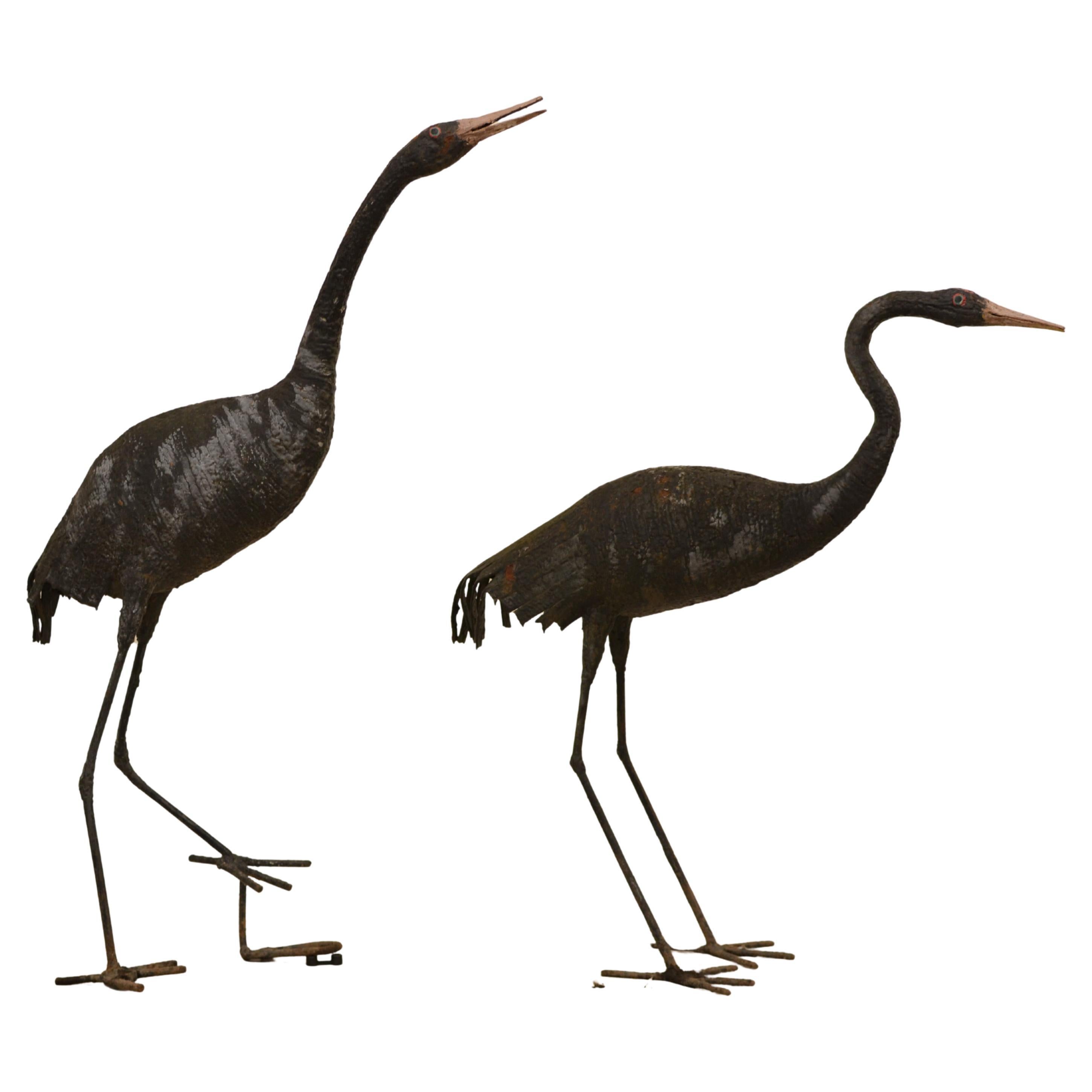 Large Garden Crane Sculptures, Hand-Crafted Iron, Unique Pair, Made in Finland For Sale
