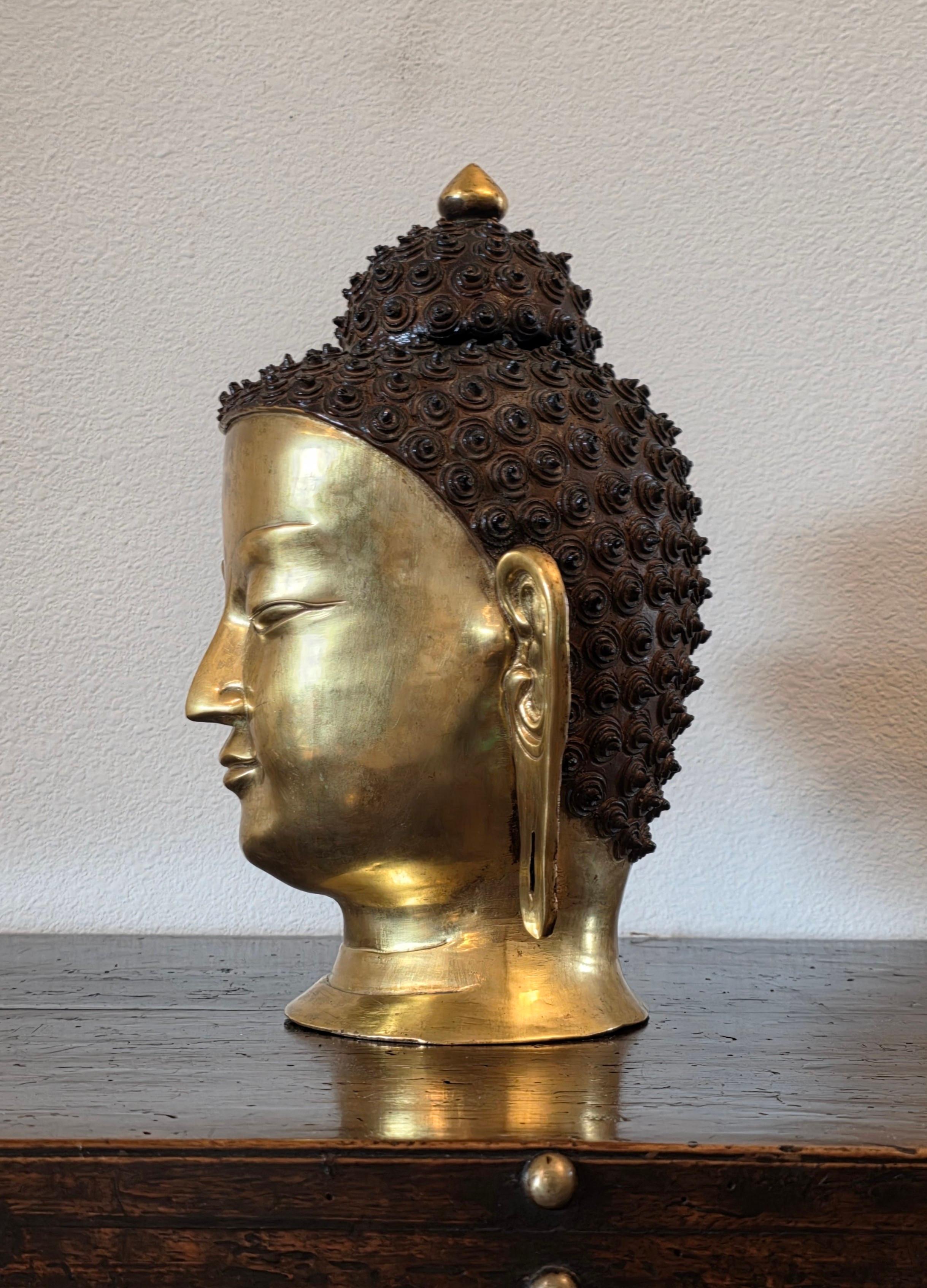 Grande statua a grandezza naturale della testa di Buddha in ottone patinato e dorato dell'Asia meridionale del Nepal in vendita 11