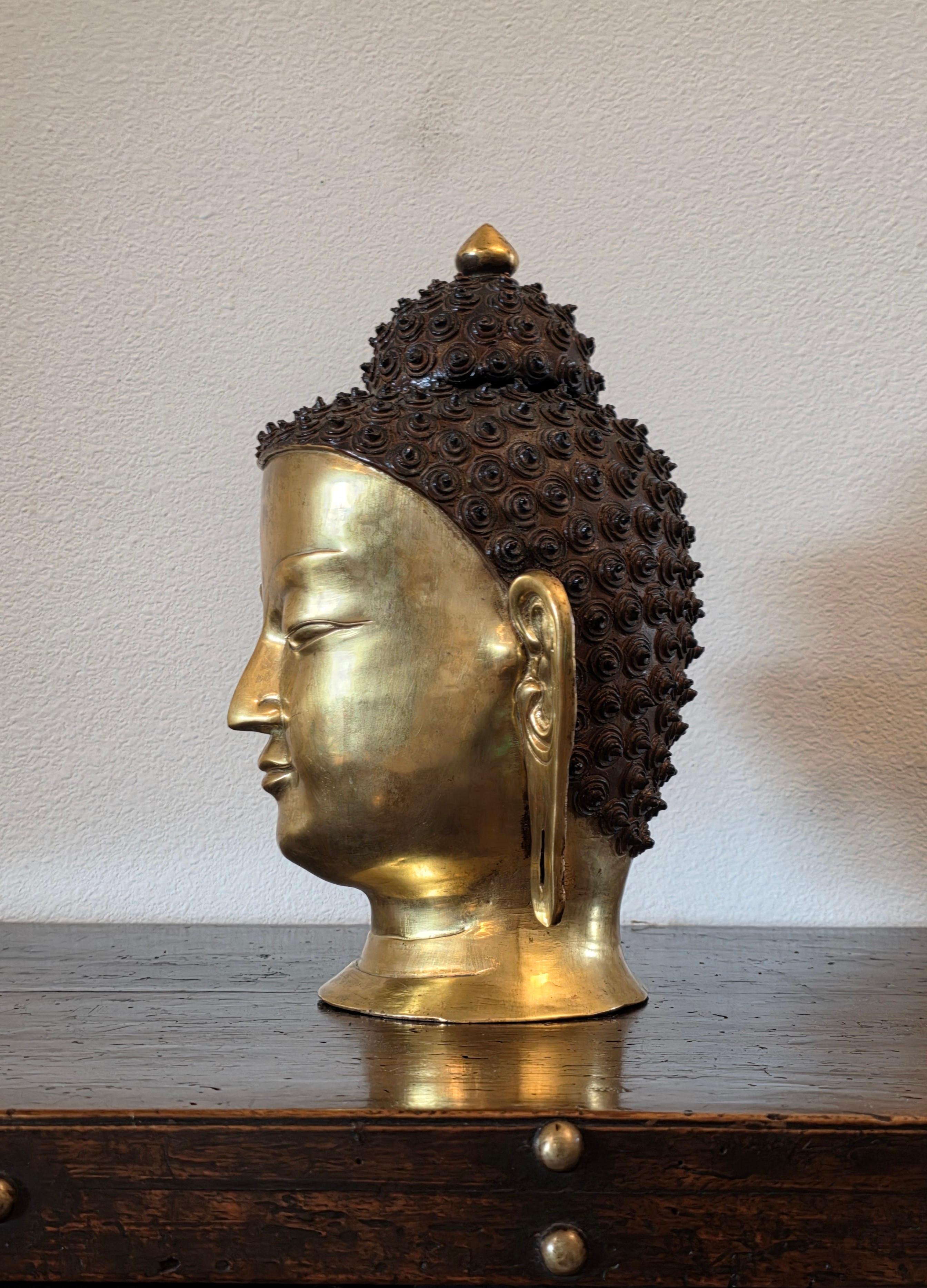 Grande statua a grandezza naturale della testa di Buddha in ottone patinato e dorato dell'Asia meridionale del Nepal in vendita 1