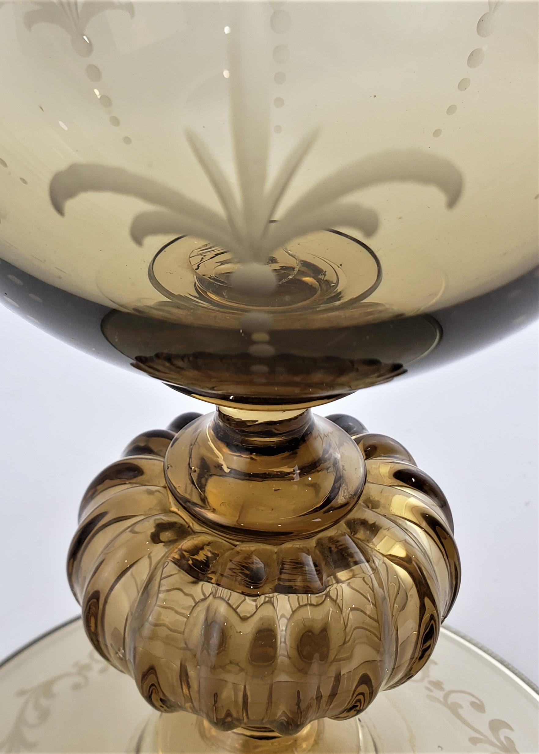 Large Light Amber Italian Cut & Etched Glass Chalice Shaped Vase or Centerpiece For Sale 4