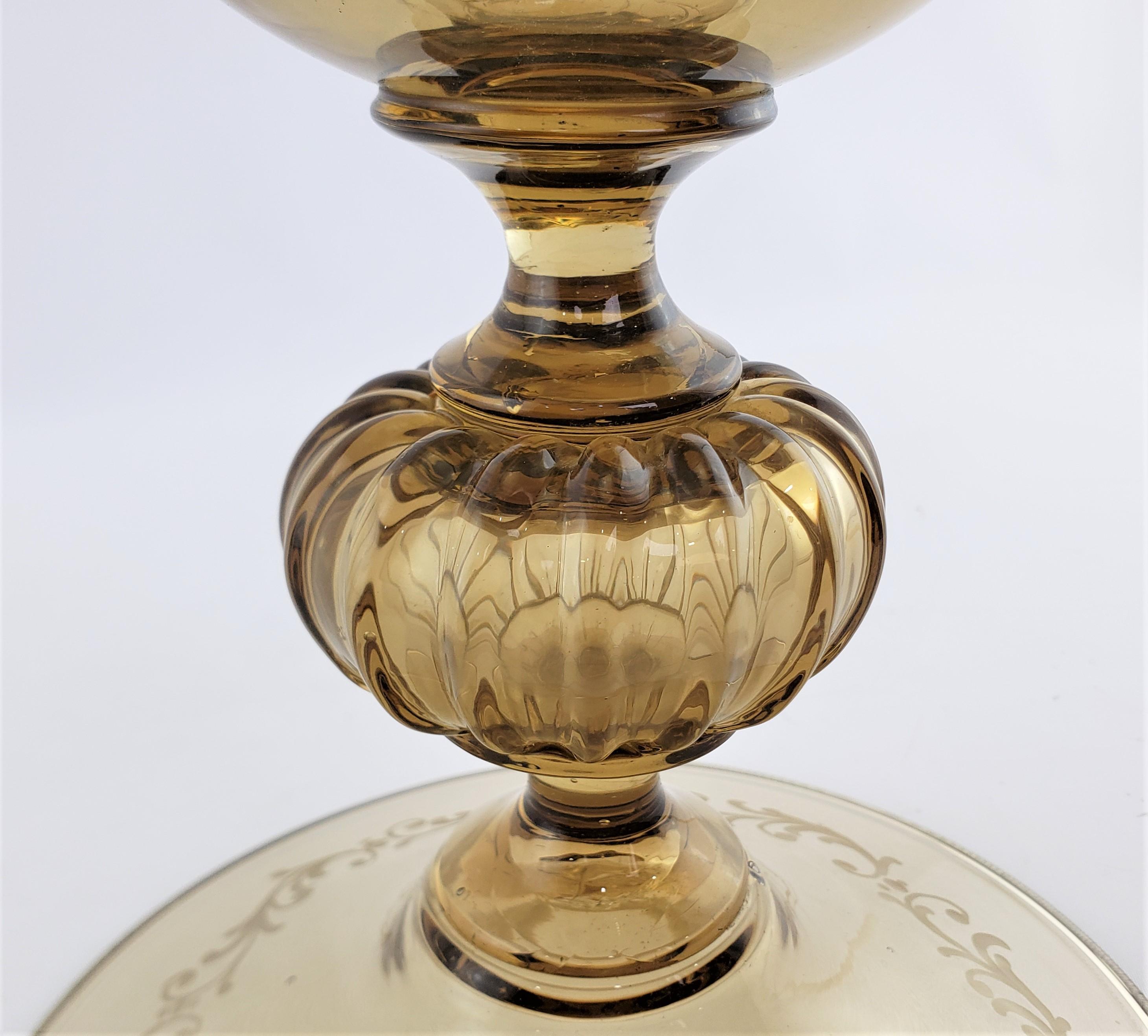 Large Light Amber Italian Cut & Etched Glass Chalice Shaped Vase or Centerpiece For Sale 5