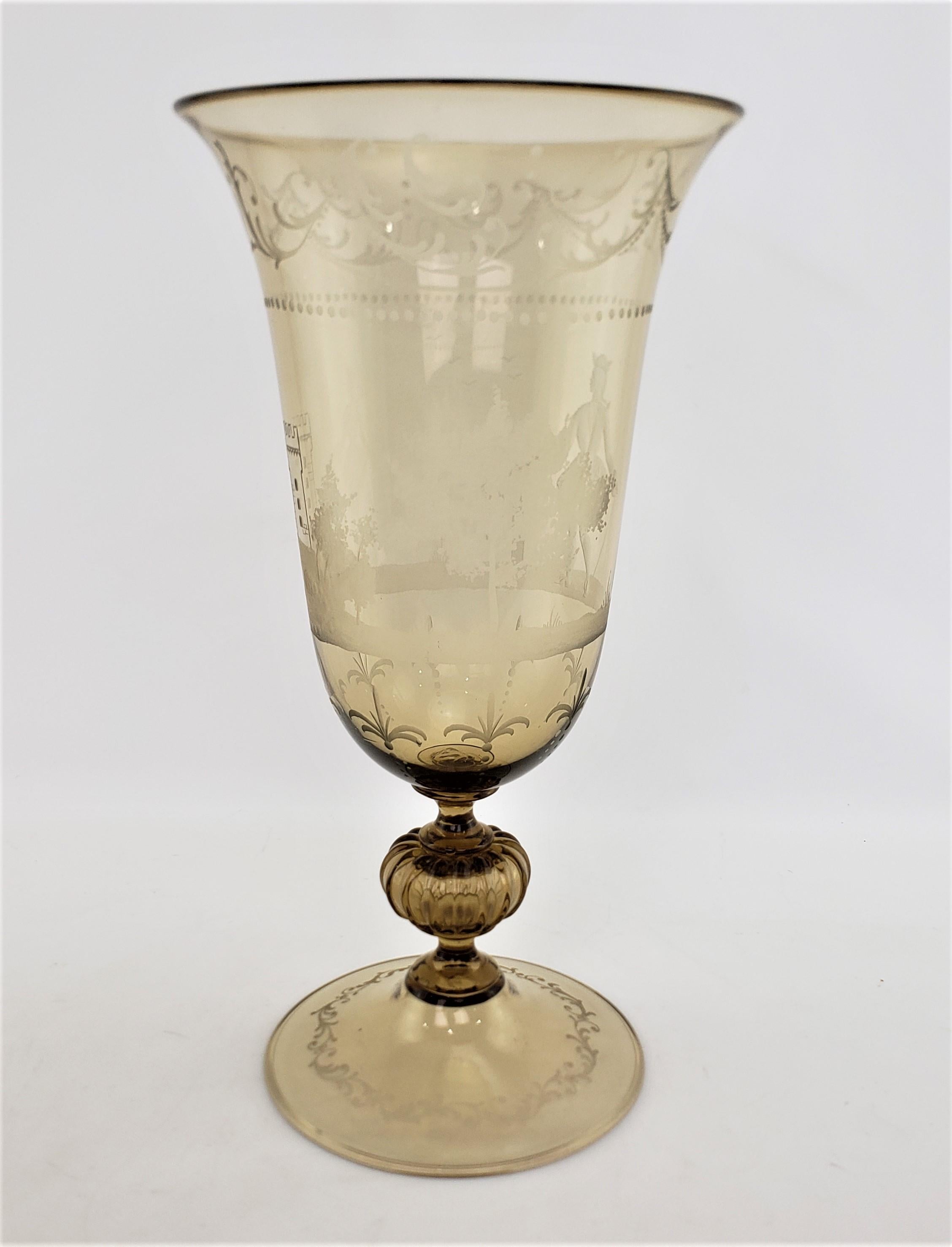 Renaissance Revival Large Light Amber Italian Cut & Etched Glass Chalice Shaped Vase or Centerpiece For Sale