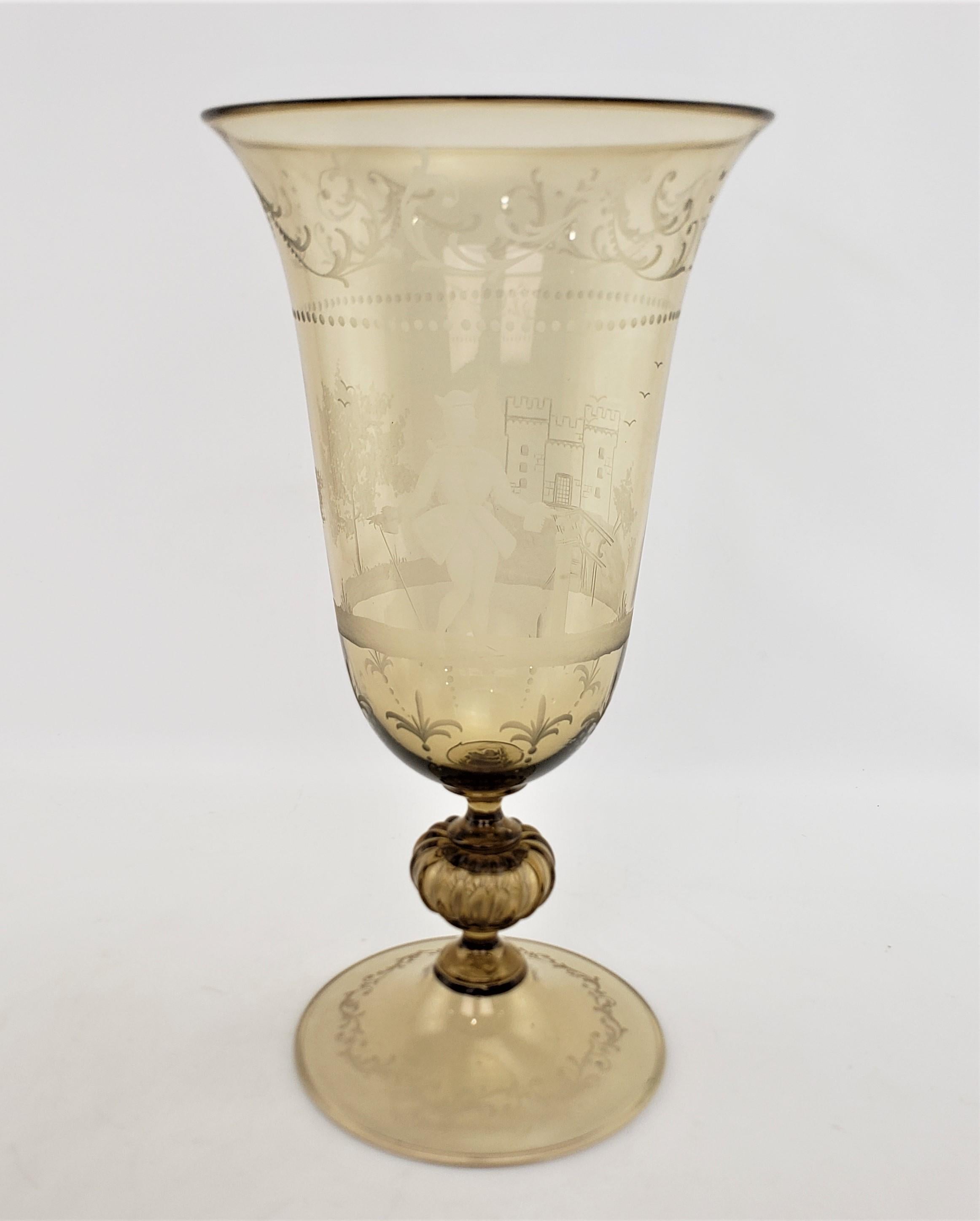 Large Light Amber Italian Cut & Etched Glass Chalice Shaped Vase or Centerpiece In Good Condition For Sale In Hamilton, Ontario