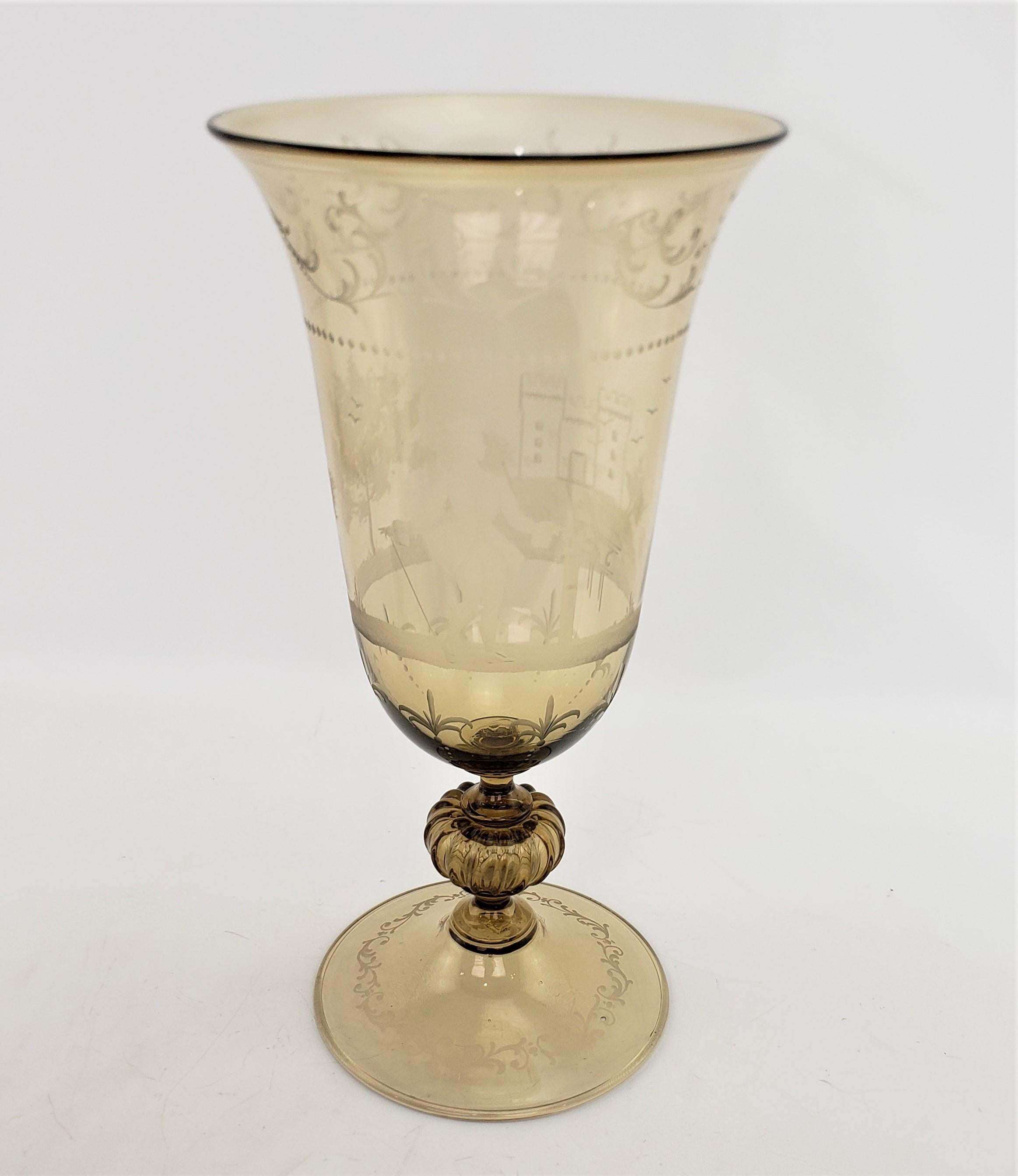 20th Century Large Light Amber Italian Cut & Etched Glass Chalice Shaped Vase or Centerpiece For Sale
