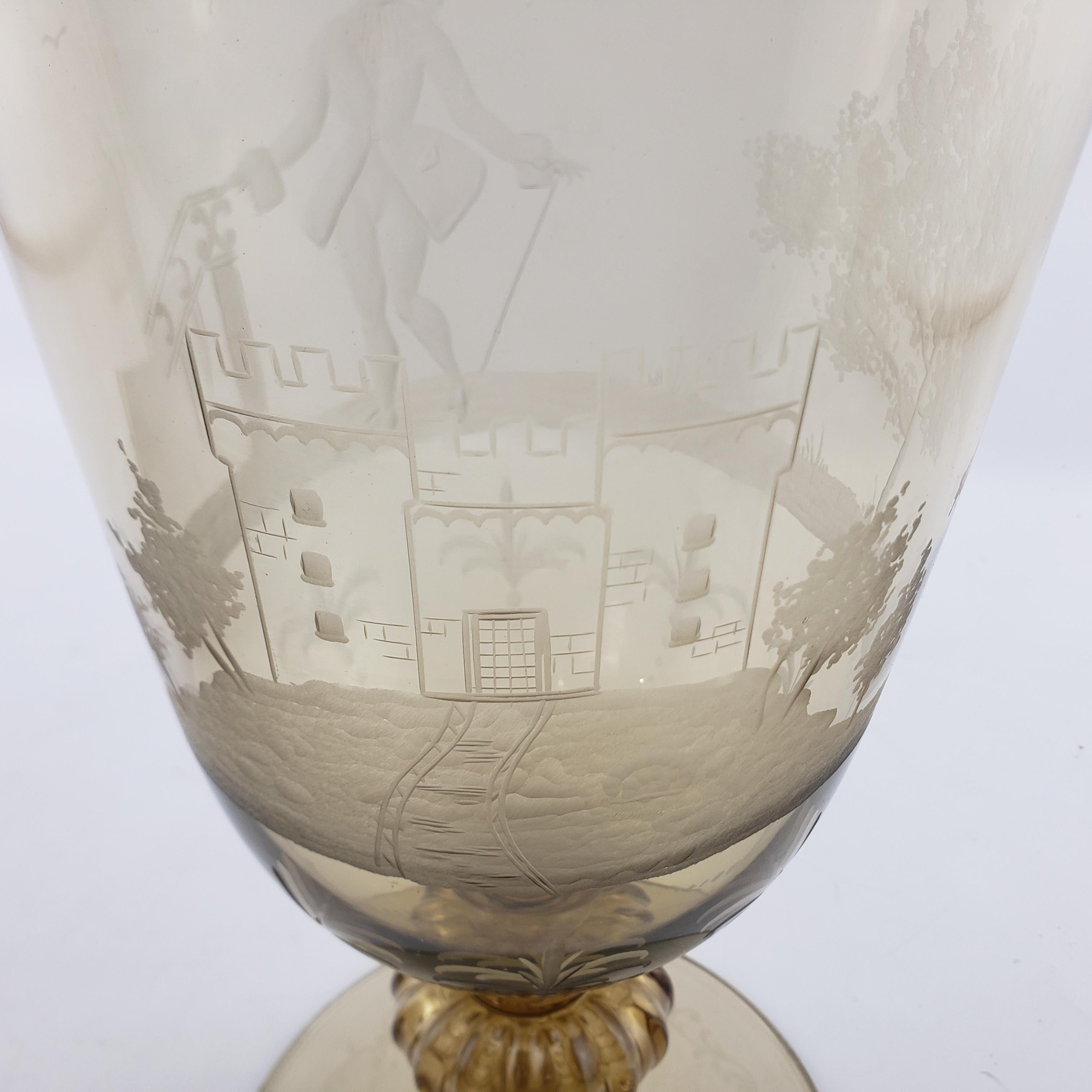 Large Light Amber Italian Cut & Etched Glass Chalice Shaped Vase or Centerpiece For Sale 1