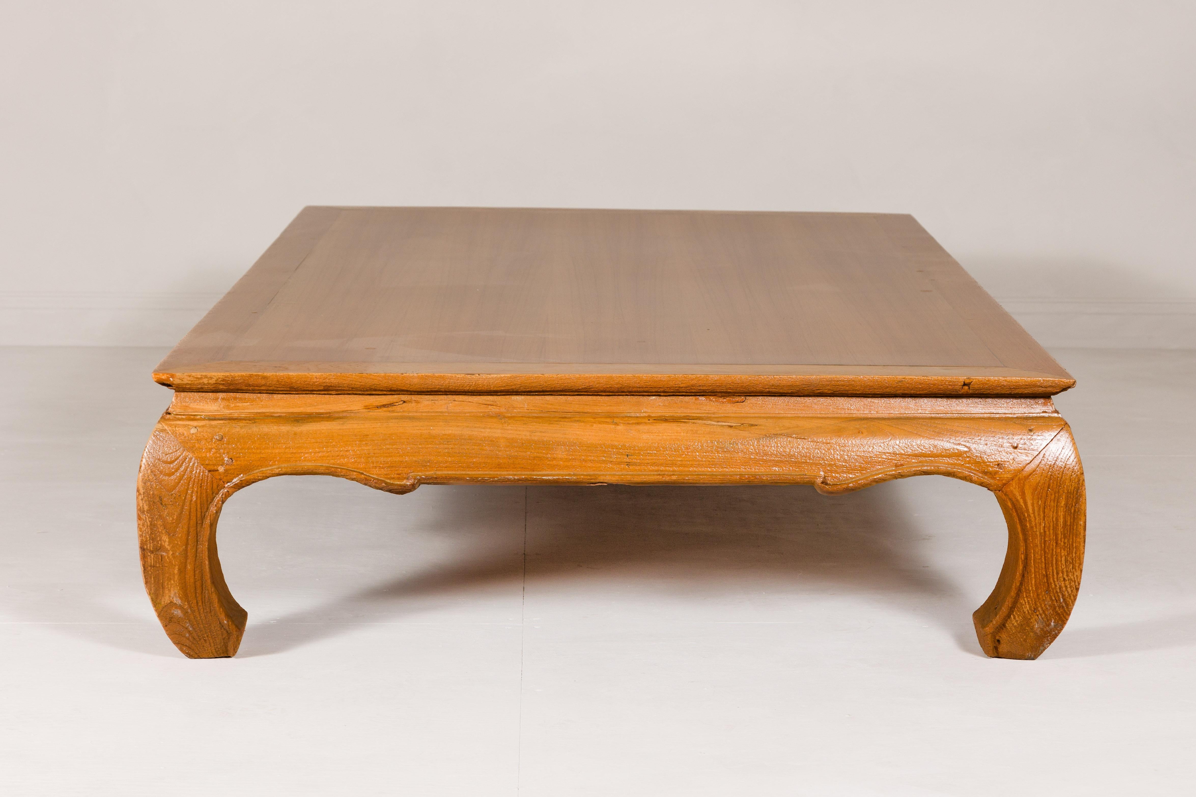 Large Light Brown Teak Vintage Coffee Table with Carved Chow Legs For Sale 2