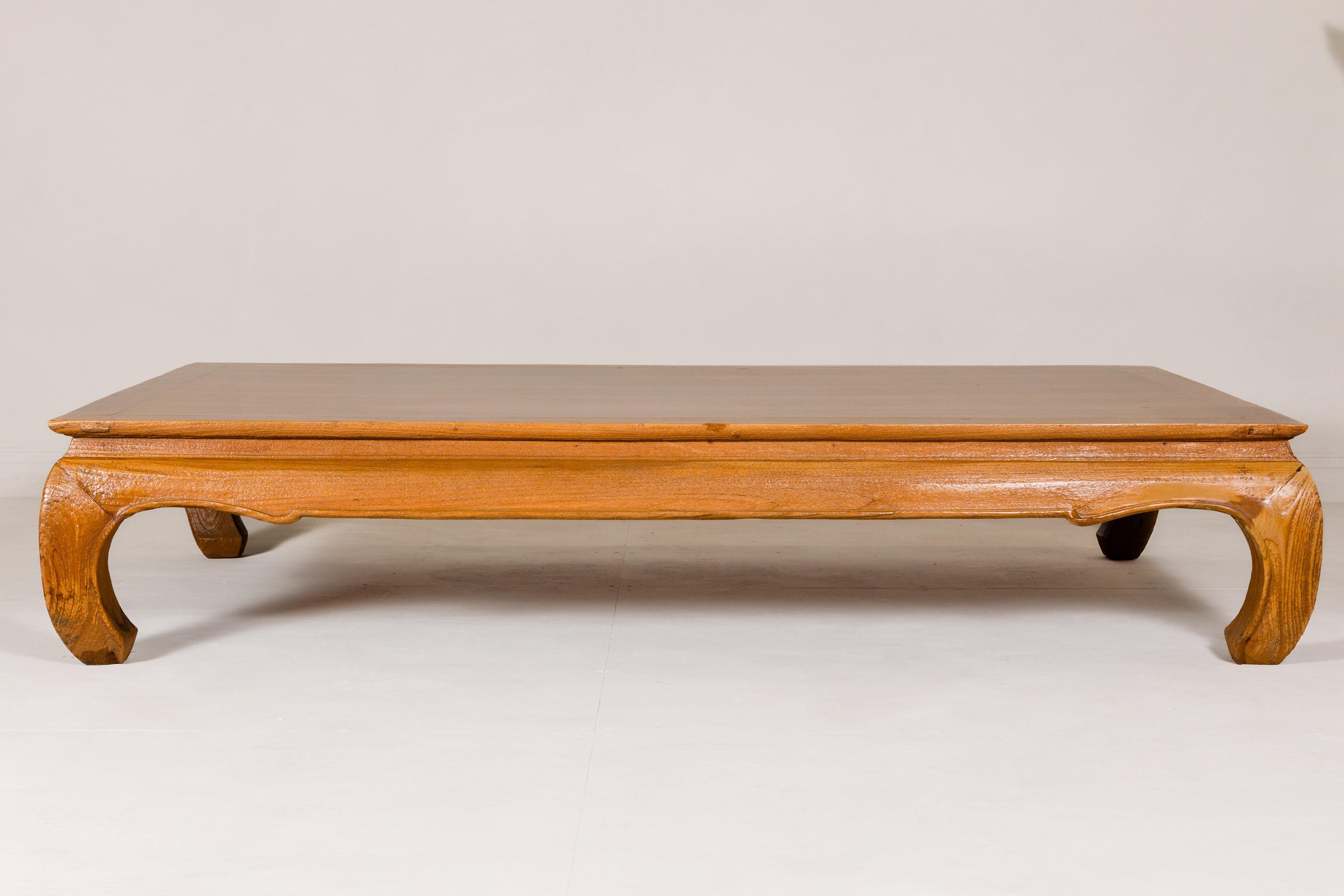 Large Light Brown Teak Vintage Coffee Table with Carved Chow Legs For Sale 3