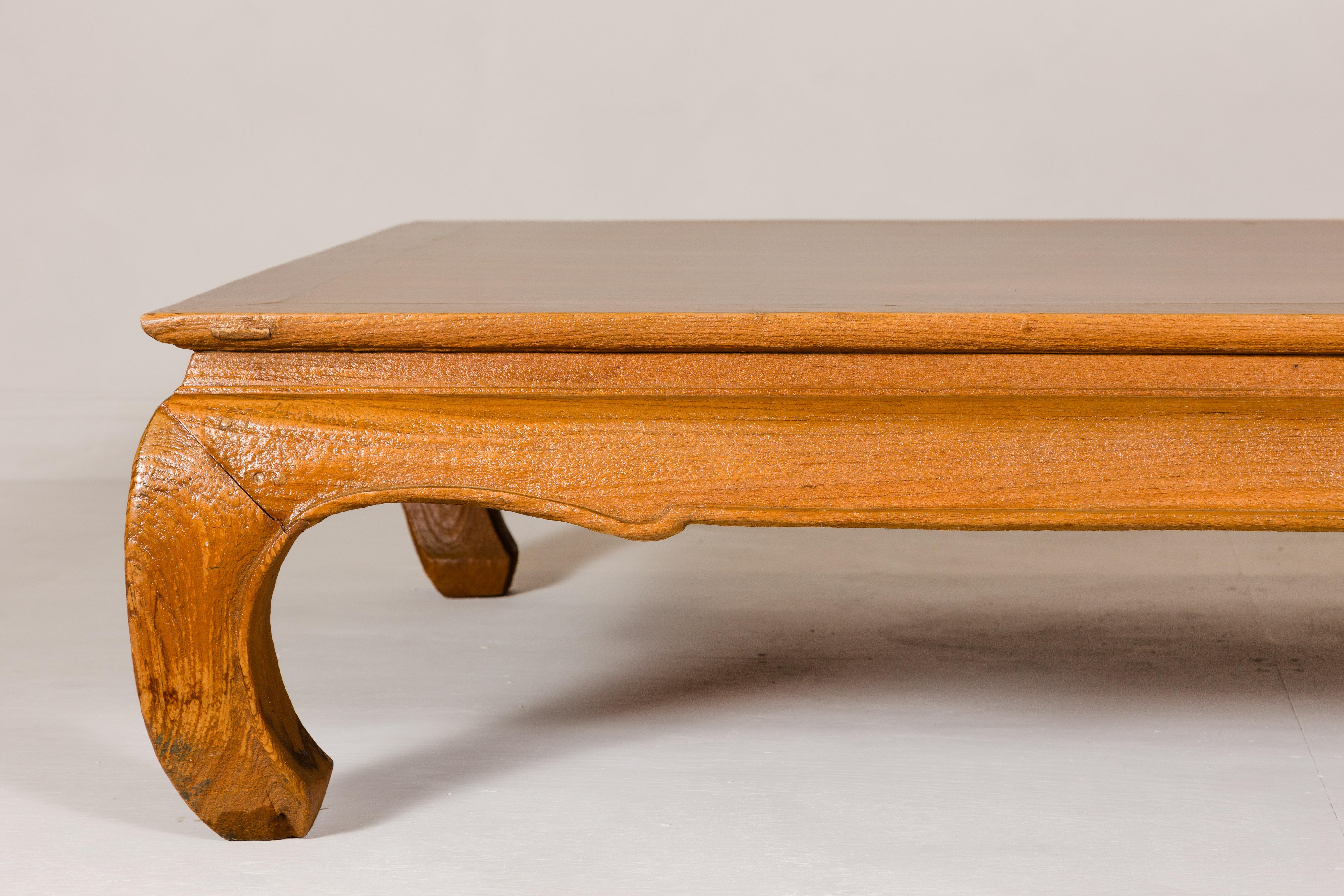Large Light Brown Teak Vintage Coffee Table with Carved Chow Legs For Sale 4