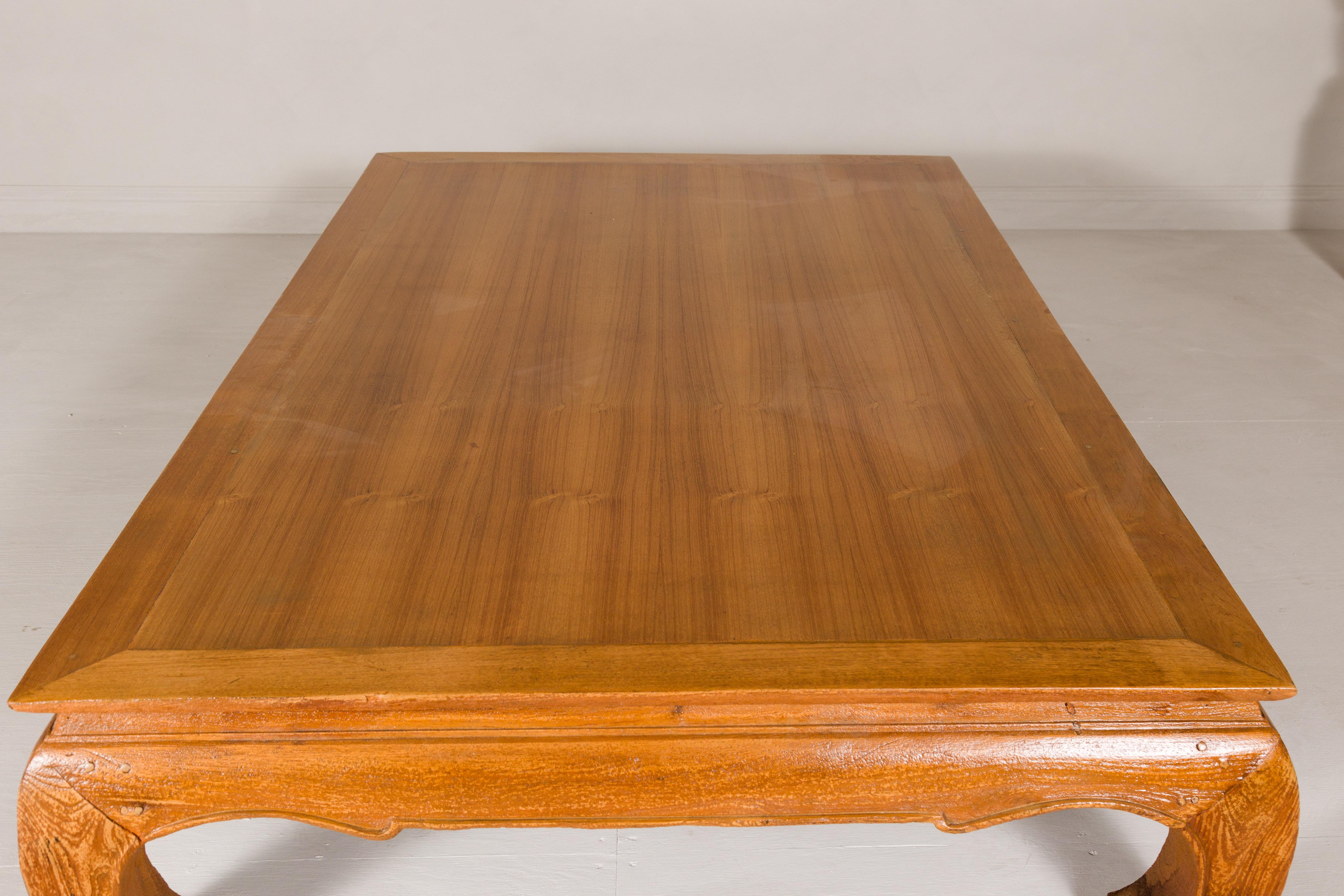 Large Light Brown Teak Vintage Coffee Table with Carved Chow Legs In Good Condition For Sale In Yonkers, NY