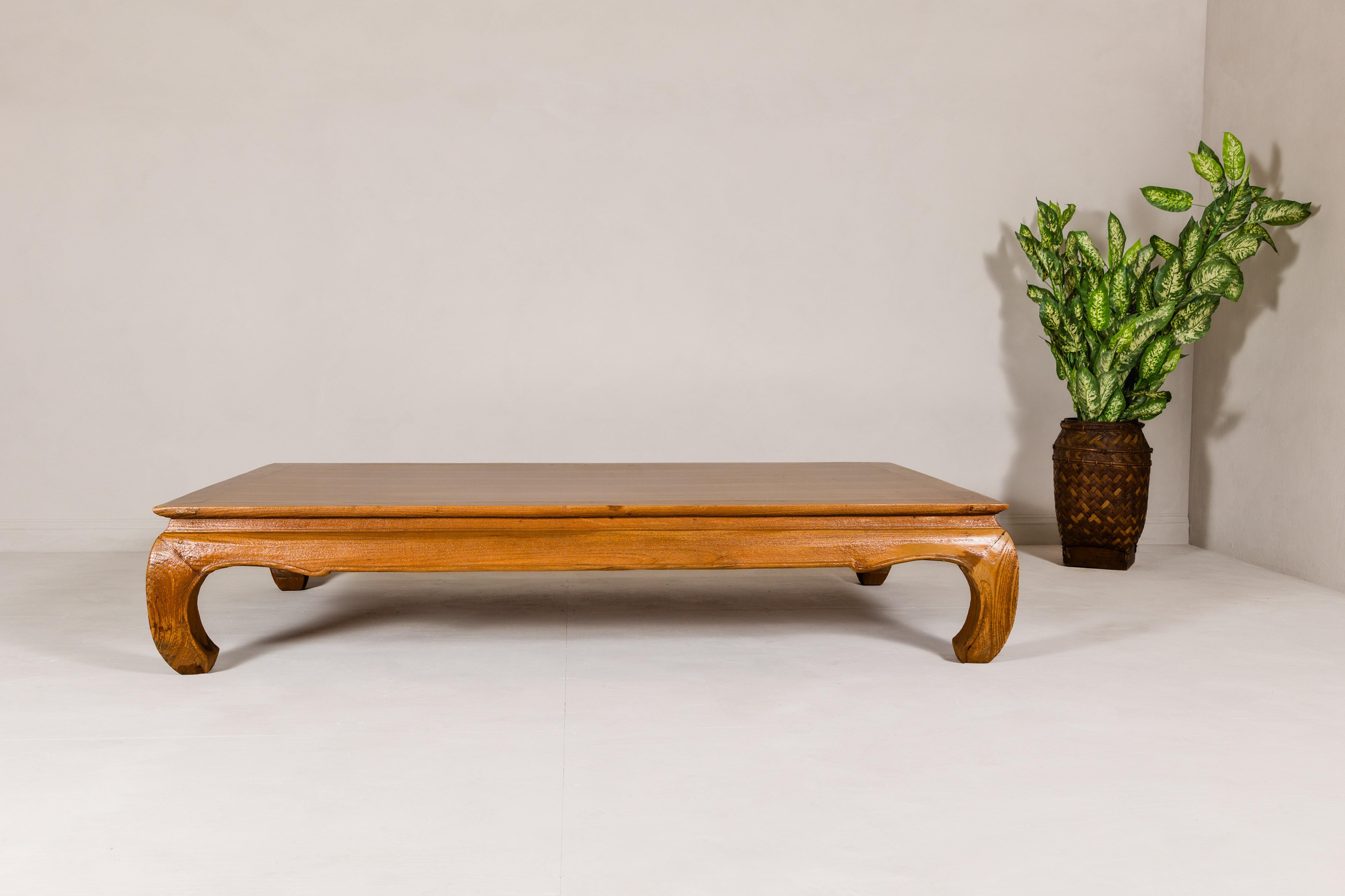 Large Light Brown Teak Vintage Coffee Table with Carved Chow Legs For Sale 1