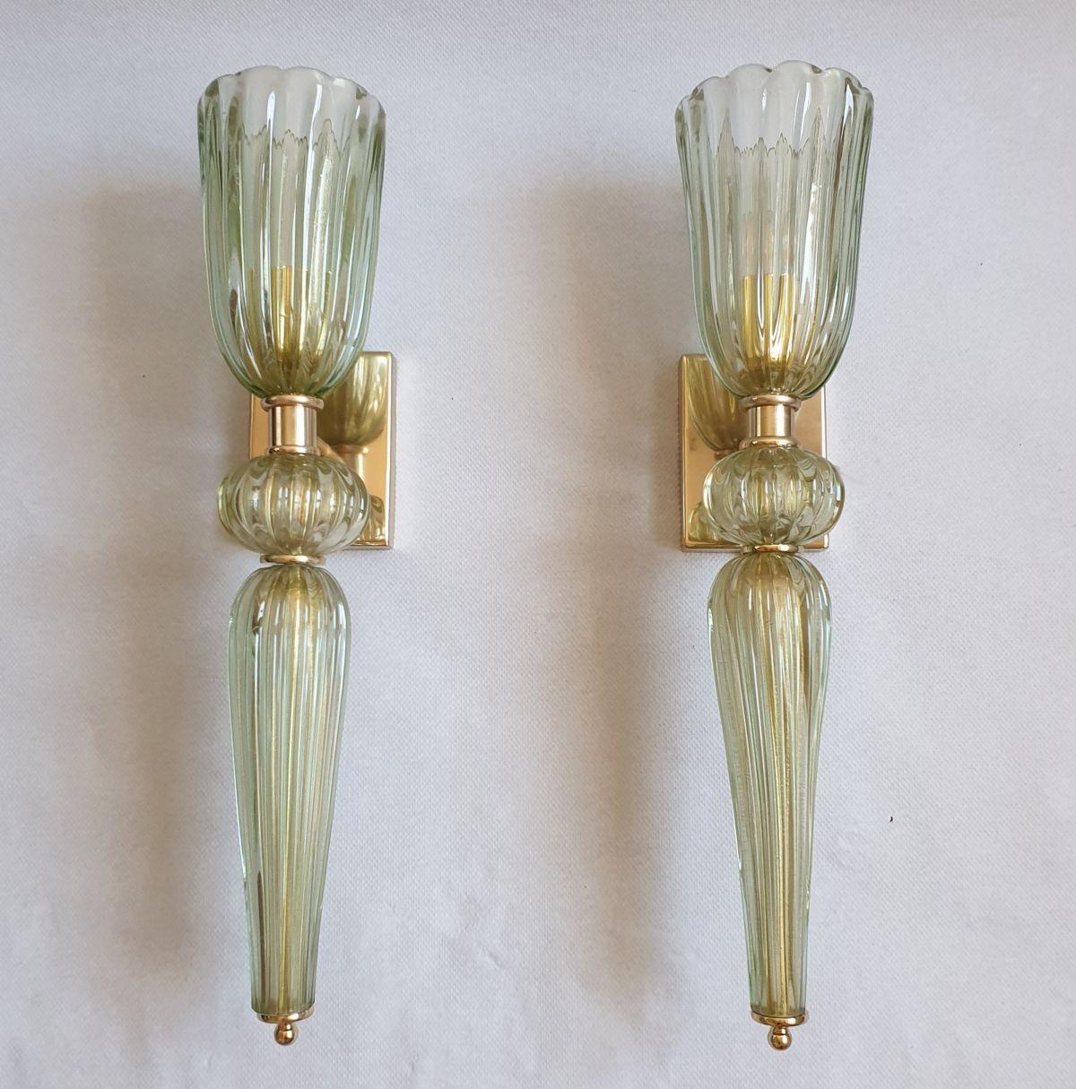 Italian Large Light Green Murano Glass Sconces, Barovier Style, Set of Four