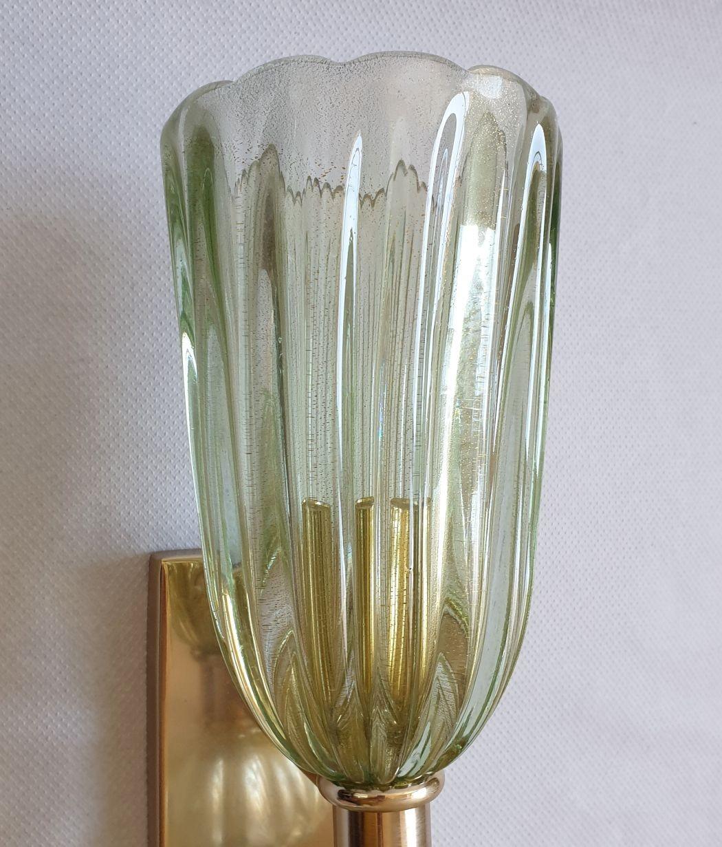 Brass Large Light Green Murano Glass Sconces, Barovier Style, Set of Four