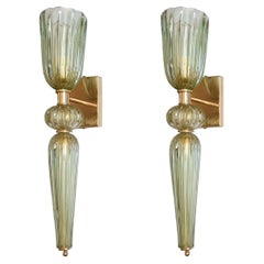 Large Light Green Murano Glass Sconces, Barovier Style, Set of Four