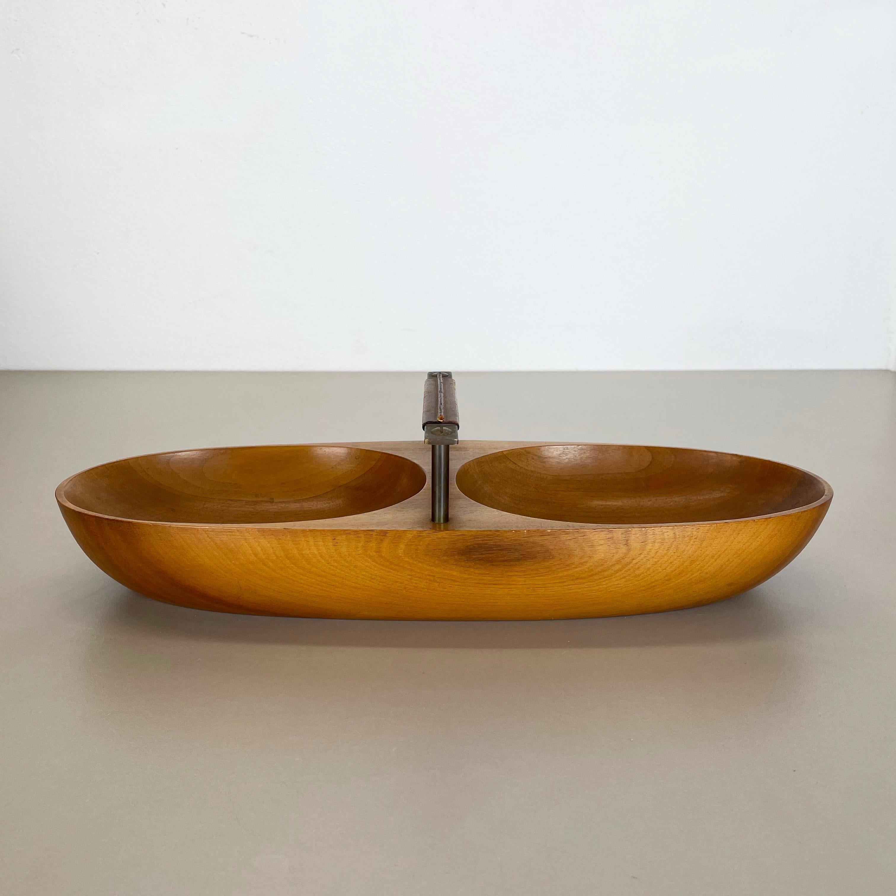 Austrian Large Light Teak Bowl with Brass and Leather Handle by Carl Auböck Austria, 1950 For Sale