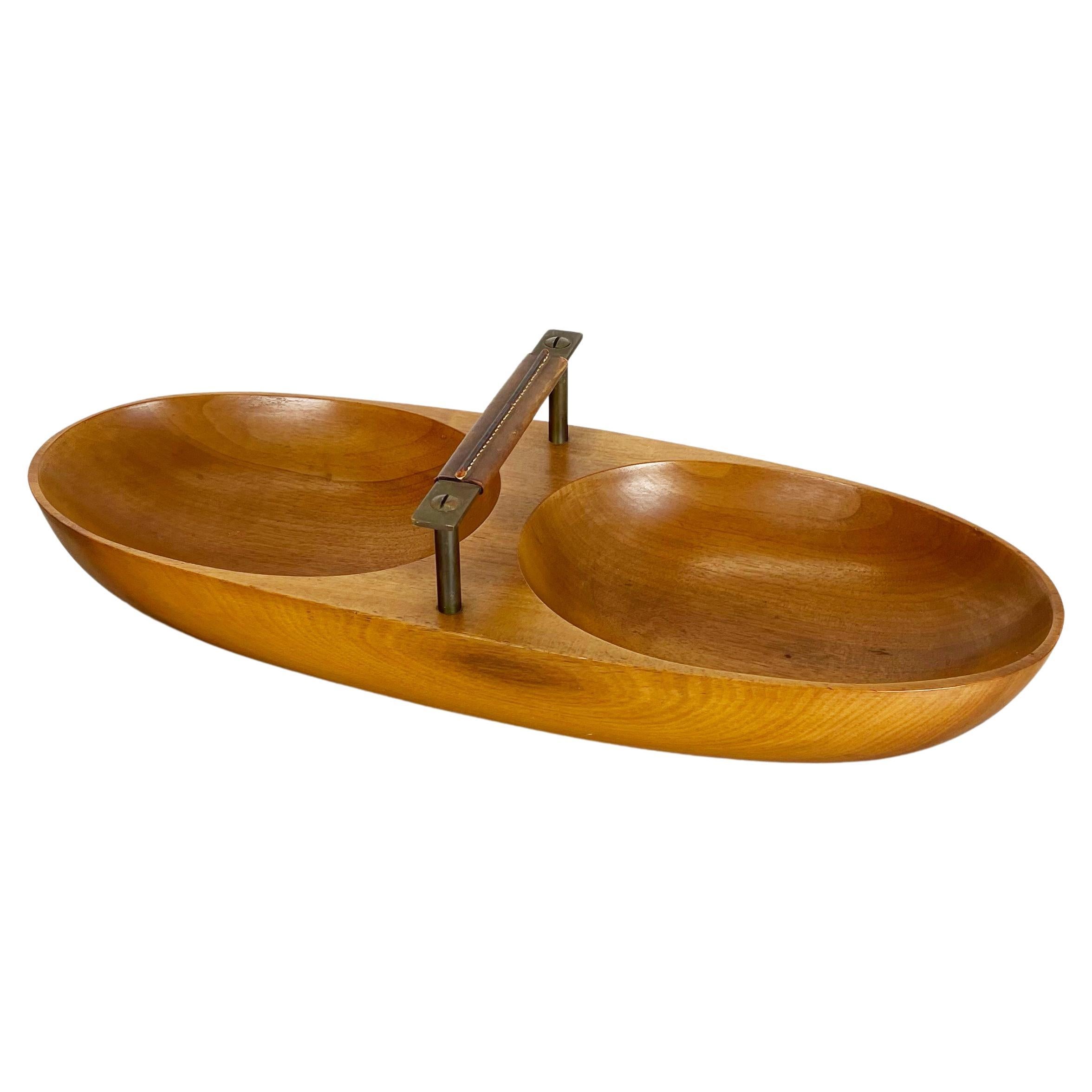 Large Light Teak Bowl with Brass and Leather Handle by Carl Auböck Austria, 1950 For Sale