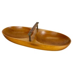 Vintage Large Light Teak Bowl with Brass and Leather Handle by Carl Auböck Austria, 1950