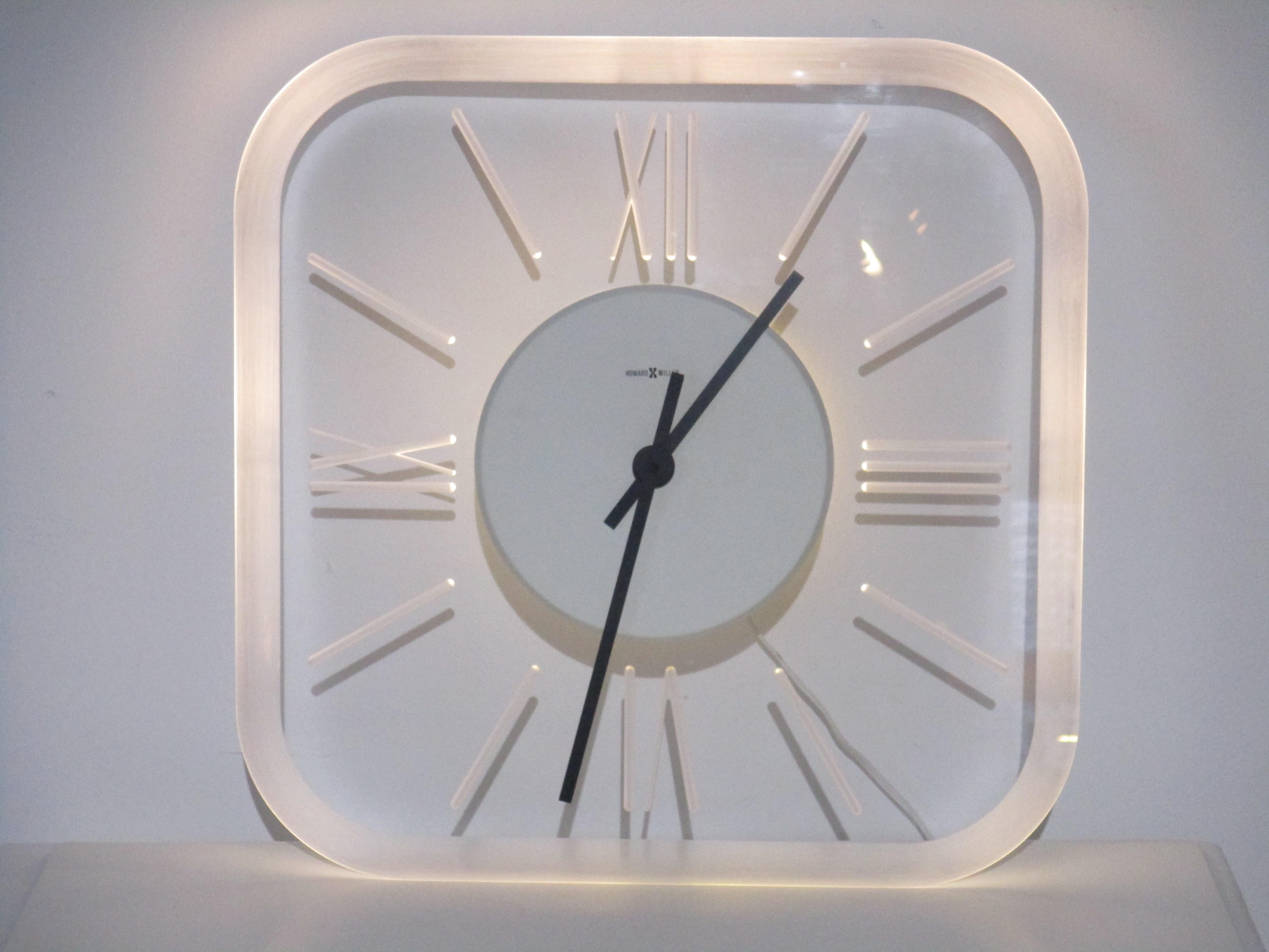 Large Light Up Howard Miller Lucite Wall Clock For Sale 1