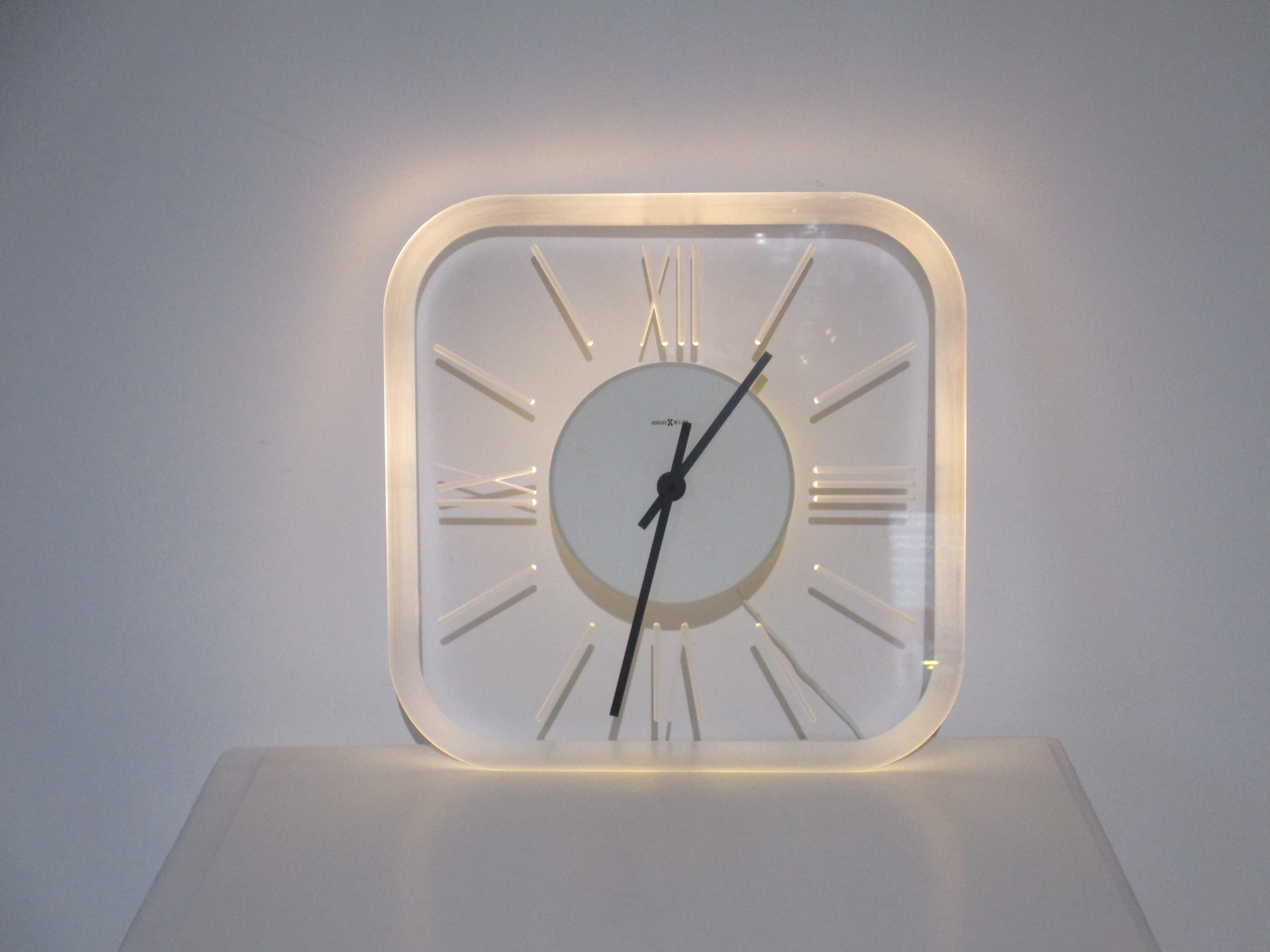 20th Century Large Light Up Howard Miller Lucite Wall Clock For Sale