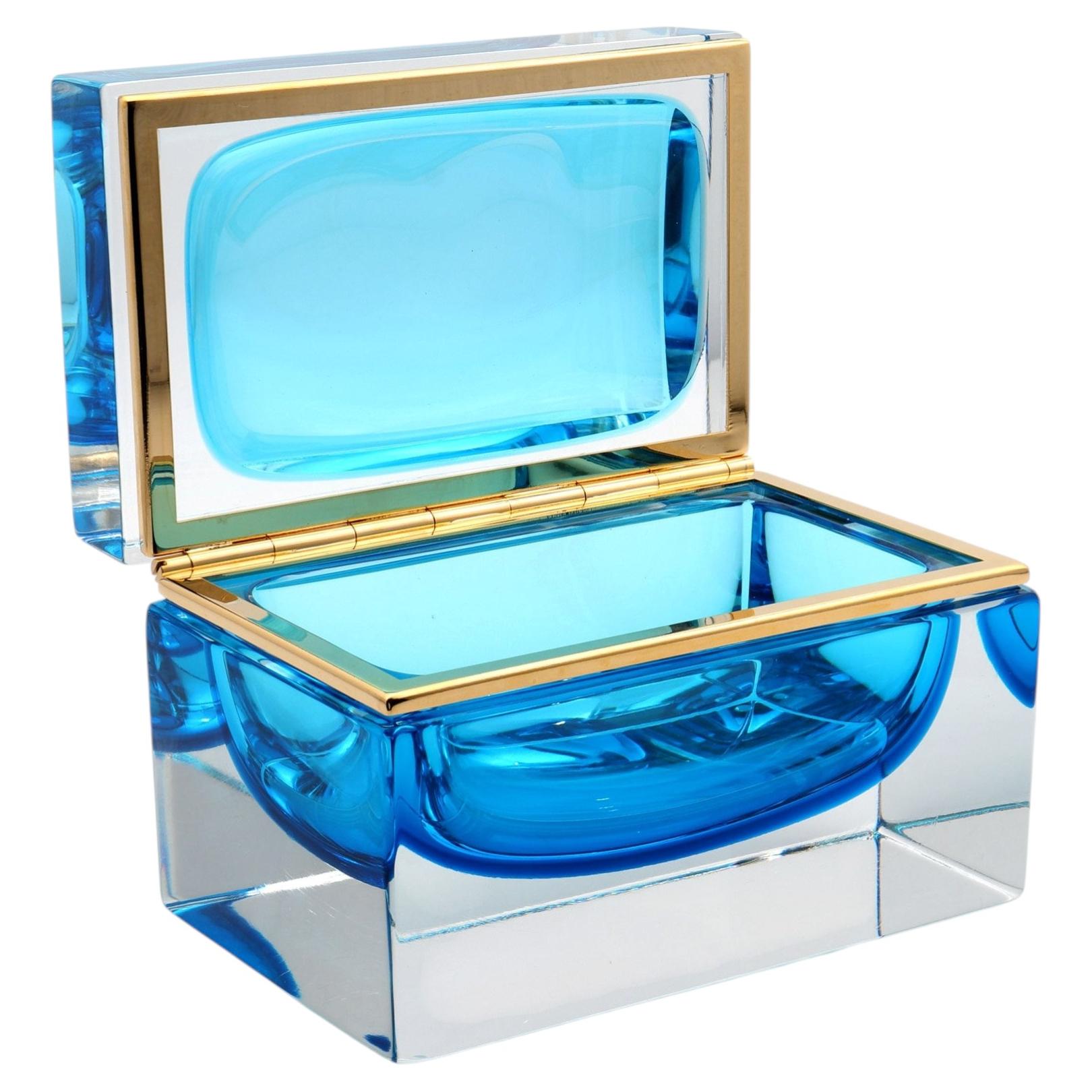 Large Light Blue Rectangular Unique Murano Glass Jewelry Box For Sale