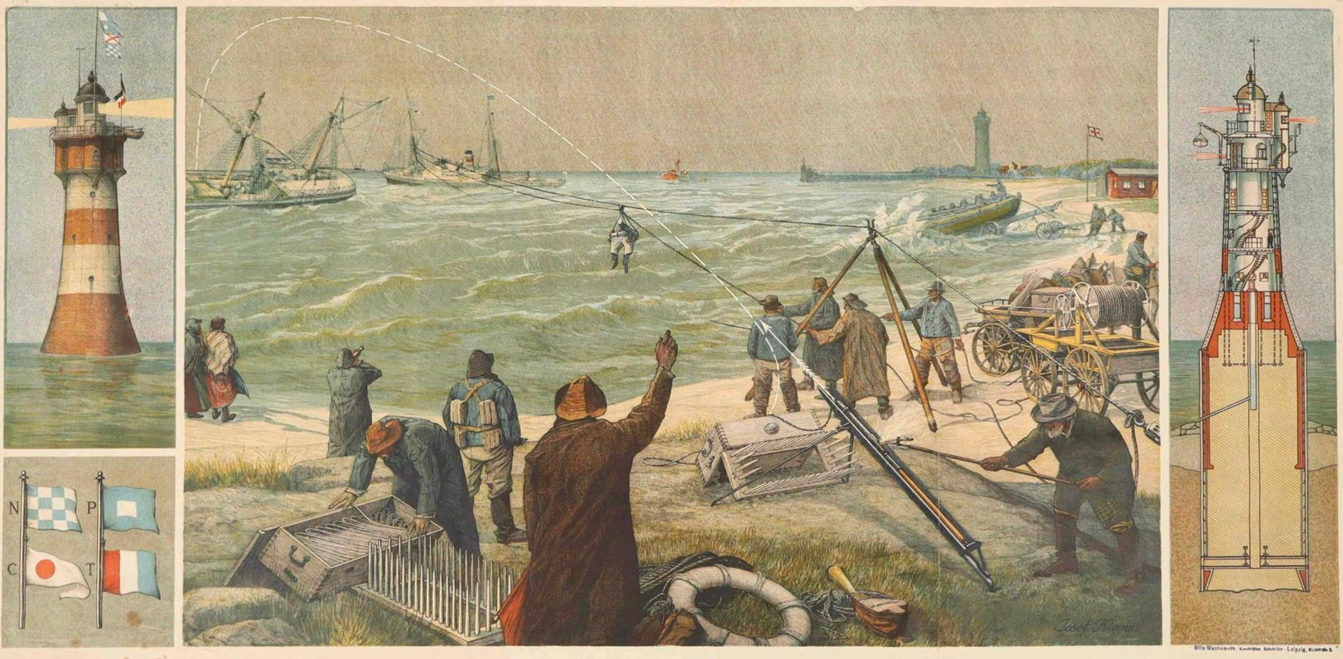 Large Lighthouse Rescue Schoolplate – Josef Klemm Chromolithograph, c.1900