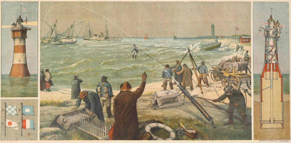 Large Lighthouse Rescue Schoolplate – Josef Klemm Chromolithograph, c.1900
