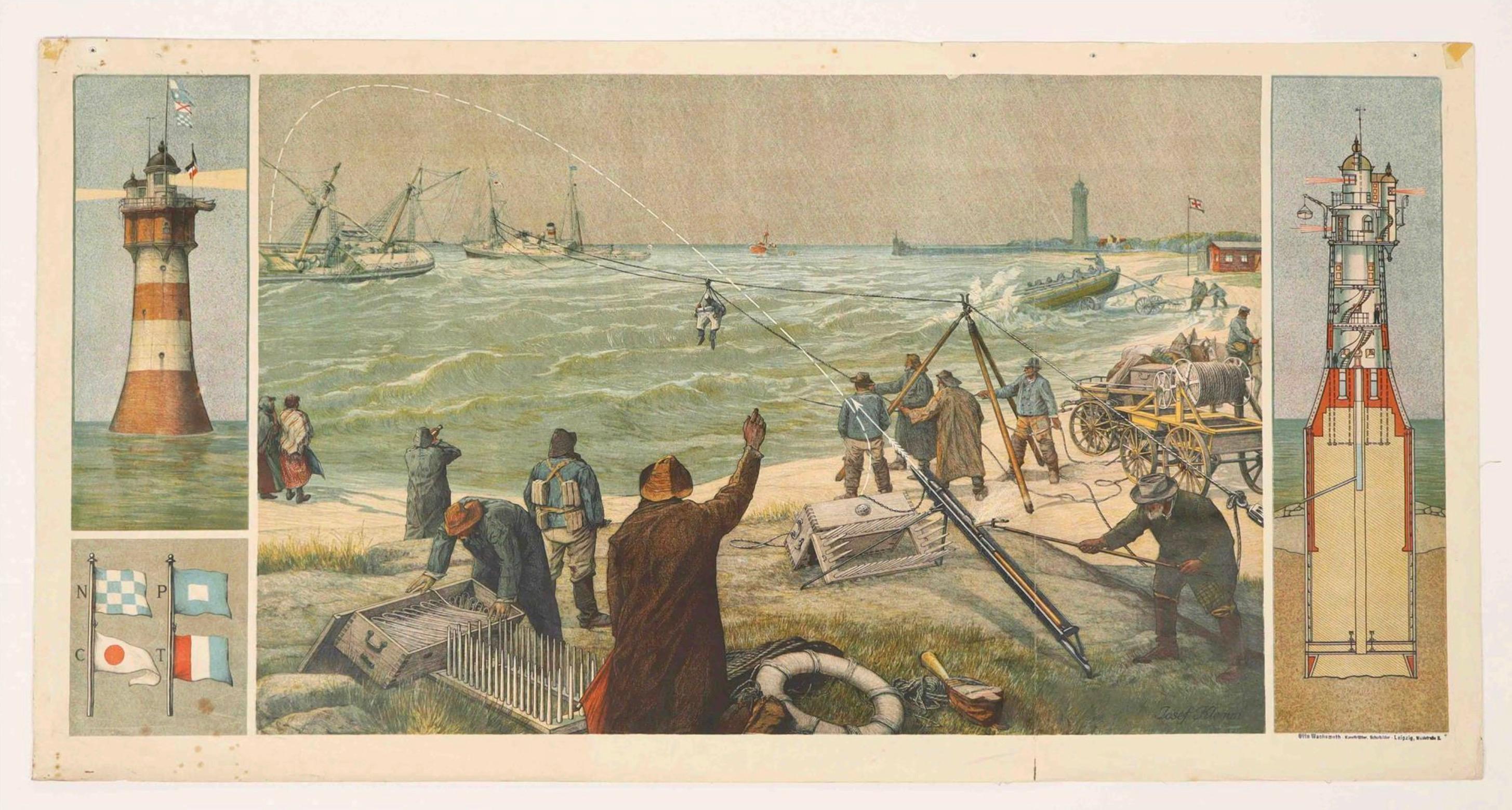 Large Lighthouse Rescue Schoolplate – Josef Klemm Chromolithograph, c.1900
