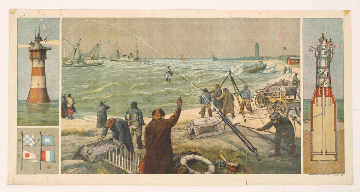Large Lighthouse Rescue Schoolplate – Josef Klemm Chromolithograph, c.1900