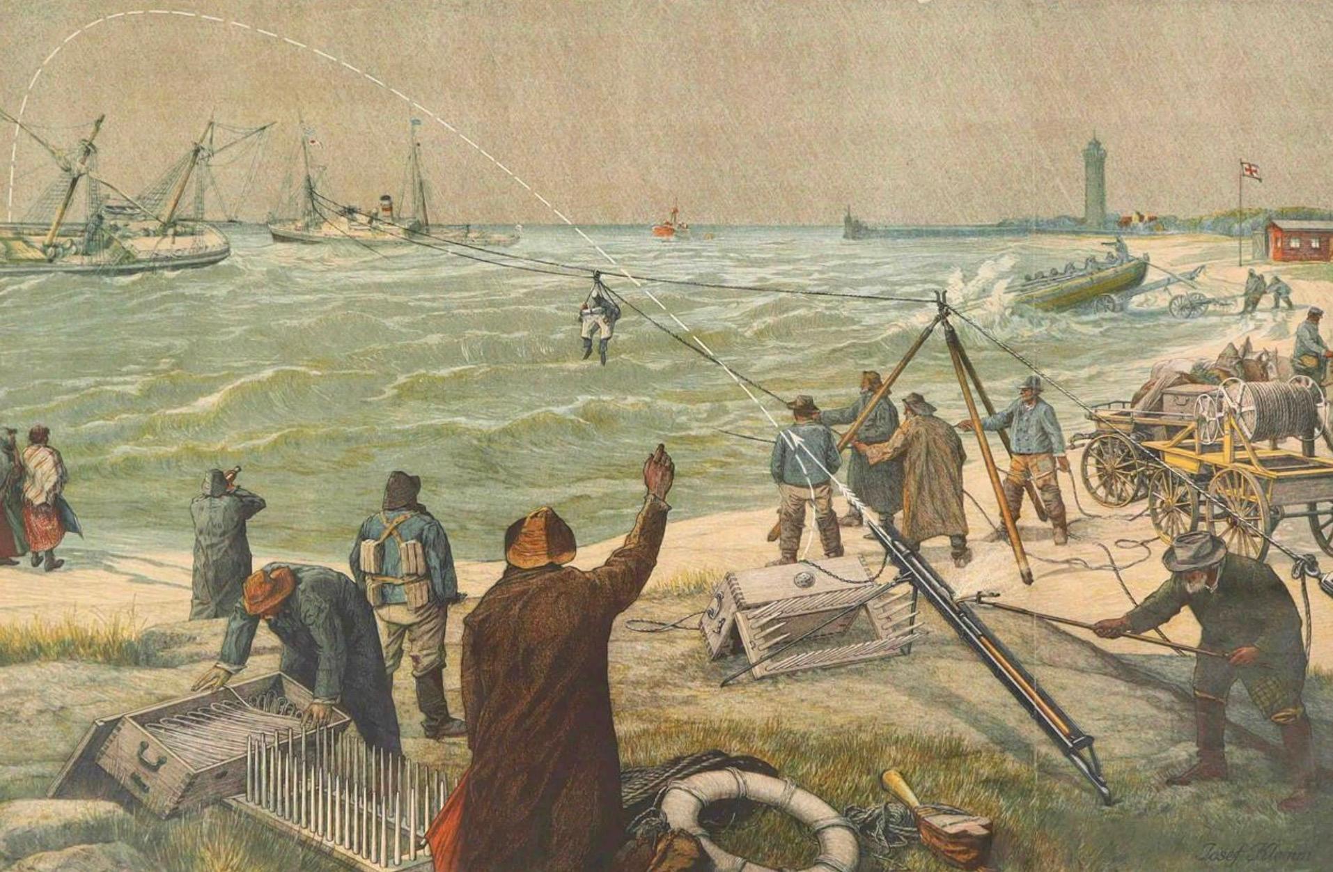 Large Lighthouse Rescue Schoolplate – Josef Klemm Chromolithograph, c.1900